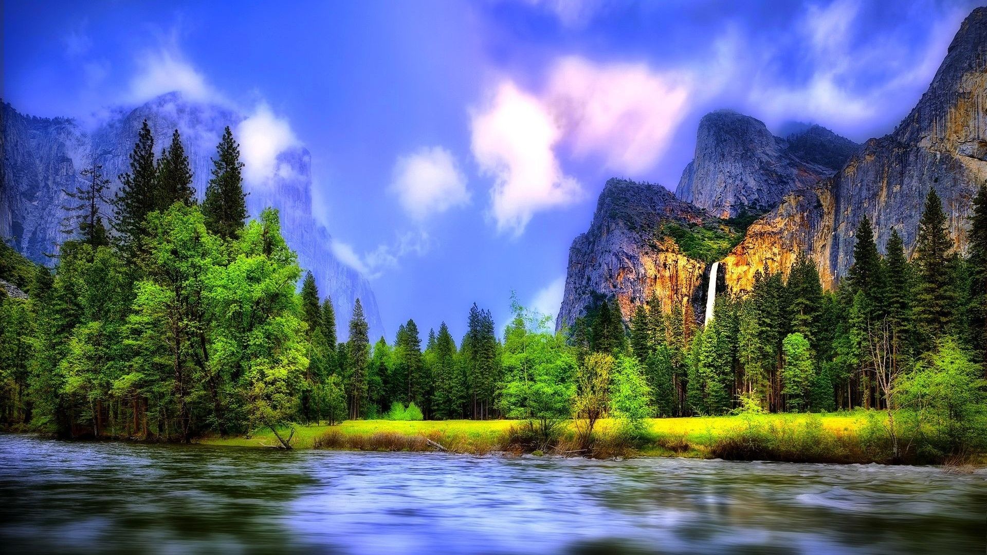 Yosemite-Nationalpark, Wasserfall, Fluss, Nadelwald, Bunter Himmel, Full HD, Breitbild-Hintergrundbild