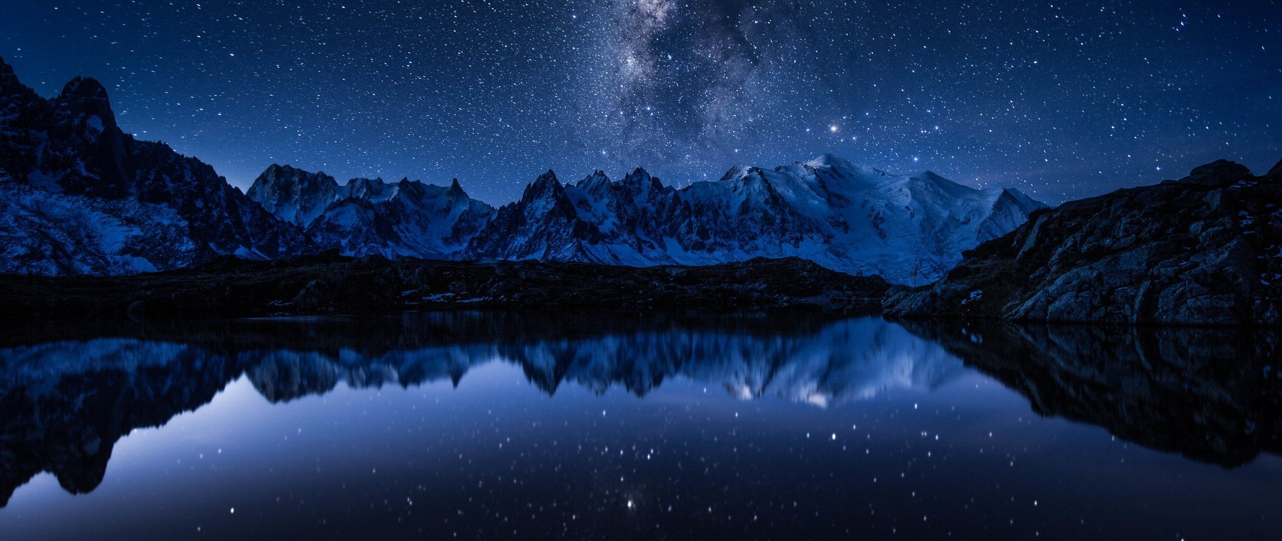 Bergsee, Milchstraße, Sternenhimmel, Nacht, Spiegelung, 2K, Desktop-Hintergrund für Windows