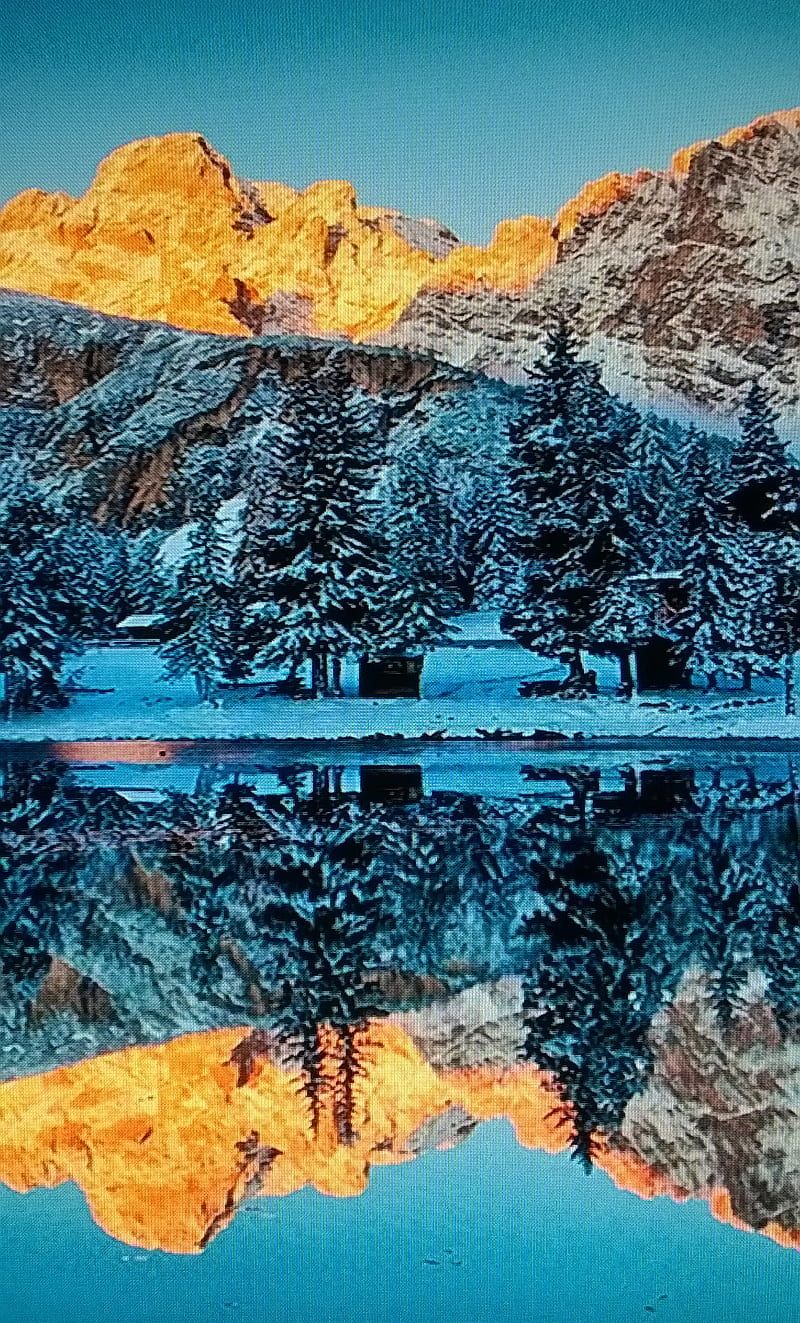 Alpenglühen, Bergsee, Spiegelung, Schnee, Winter, HD, Hintergrundbild fürs Handy
