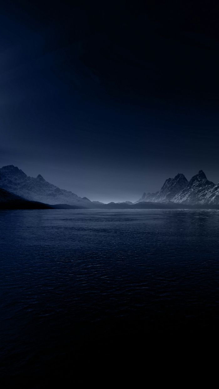 Bergsee, Dunkelblau, Nacht, Minimalismus, Hintergrundbild für iPhone und Android