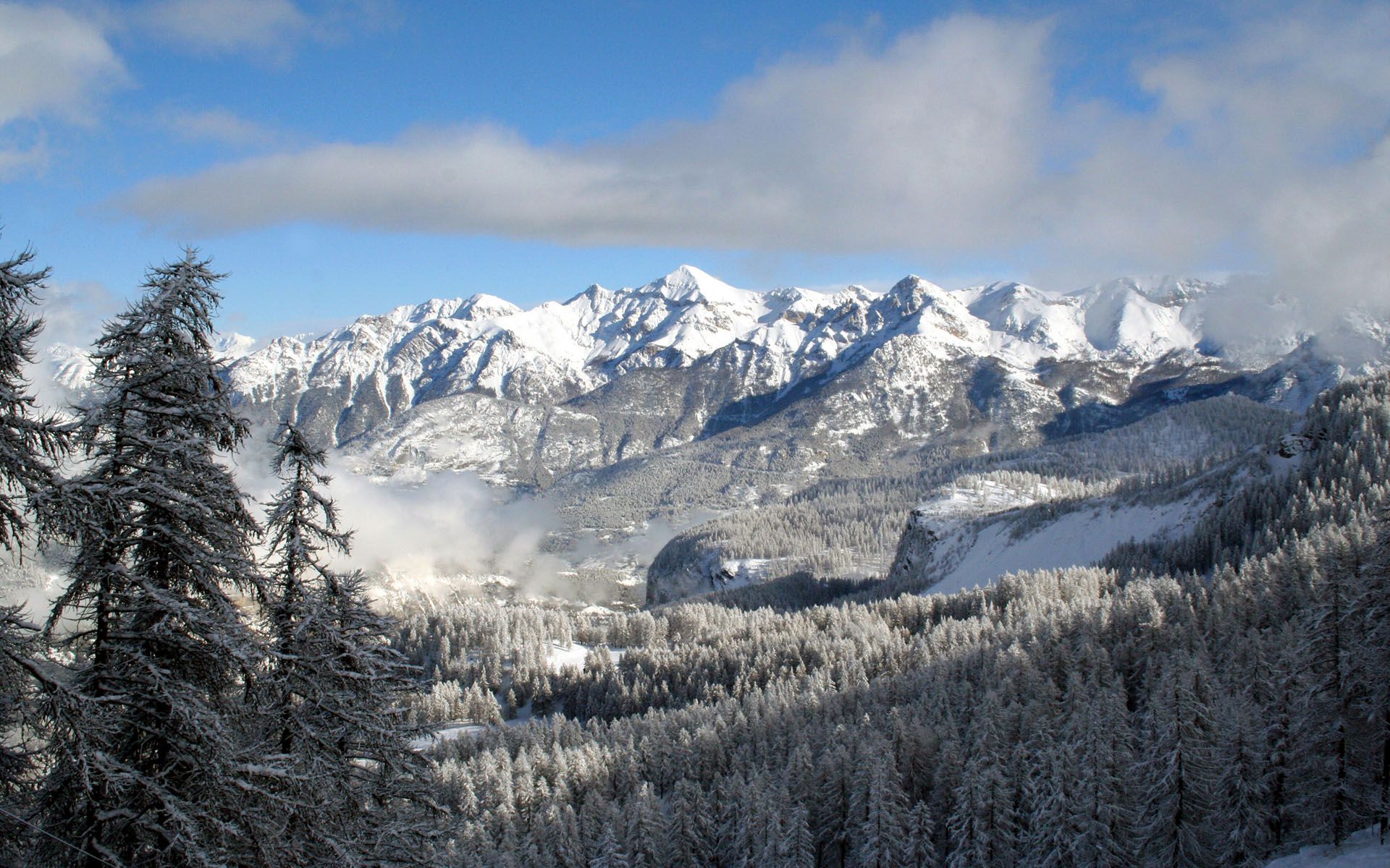 Verschneiter Wald, Schneegipfel, Nebel, Winter, Wolken, 16:10, Full-HD-Hintergrundbild für den Desktop