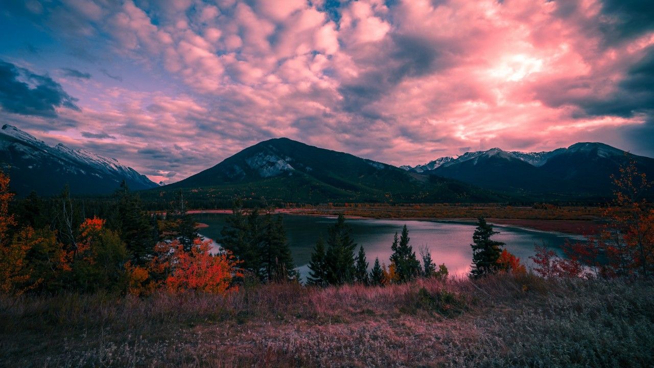 Rosa Wolken, Bergsee, Herbstlaub, Dramatischer Himmel, Abendrot, HD, PC-Hintergrundbild