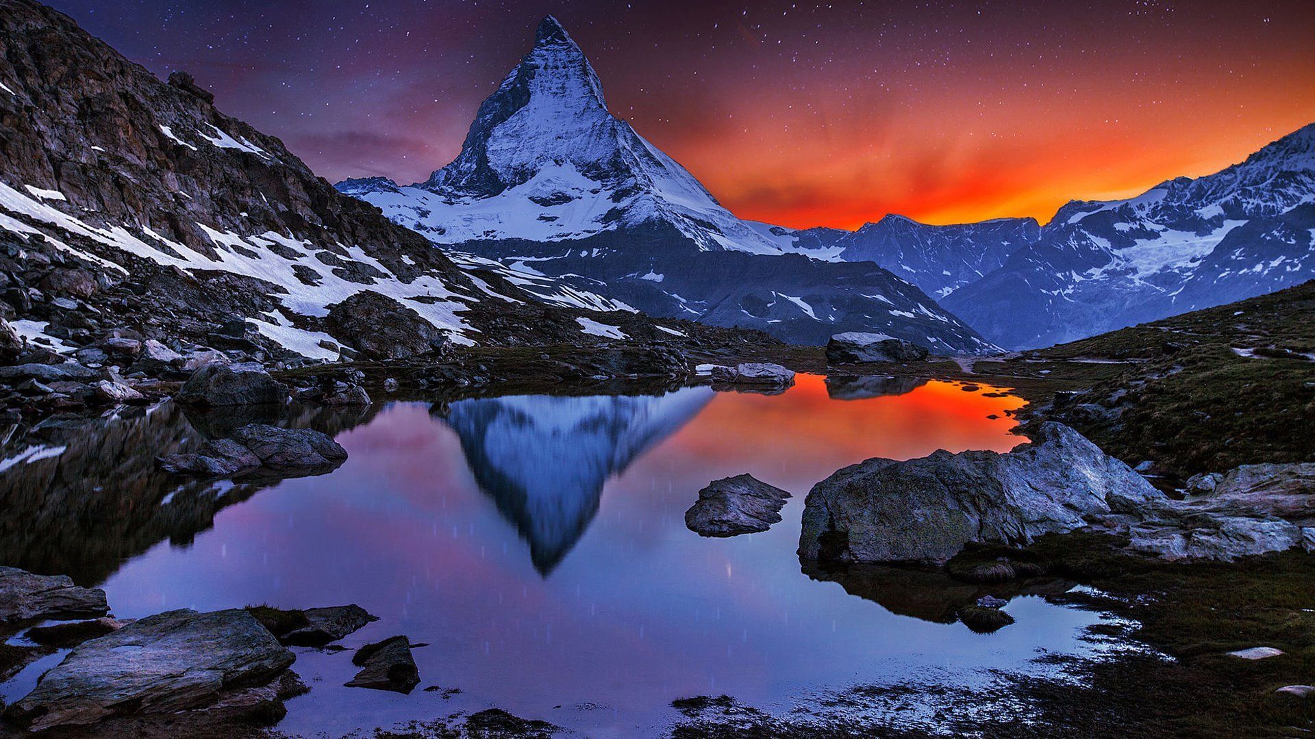 Matterhorn, Bergsee, Spiegelung, Roter Himmel, Sonnenuntergang, 1920x1080, PC-Hintergrundbild