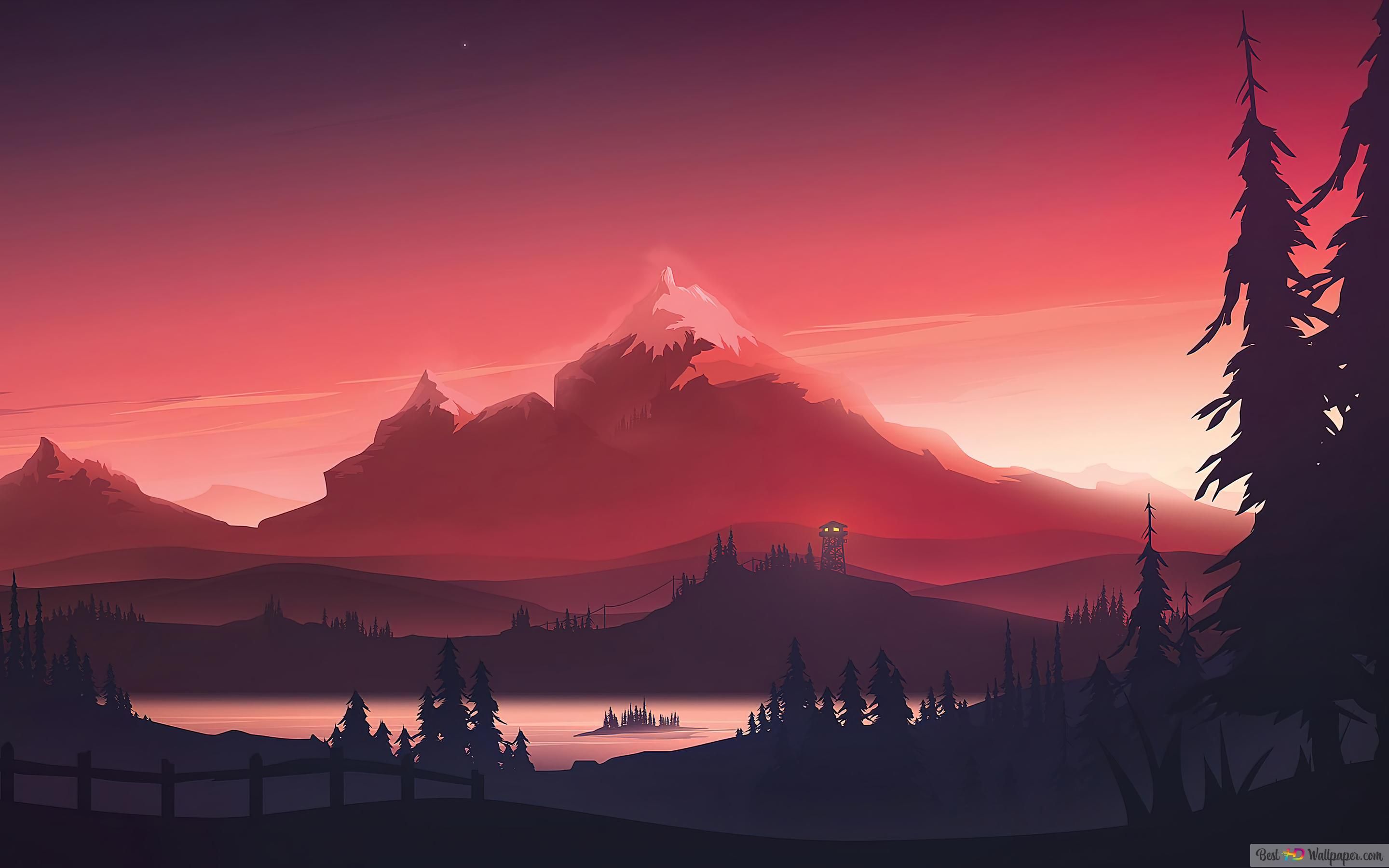 Illustration, Berge, Roter Himmel, Nadelbäume, Bergsee, Flat Design, 2K, Breitbild-Hintergrundbild