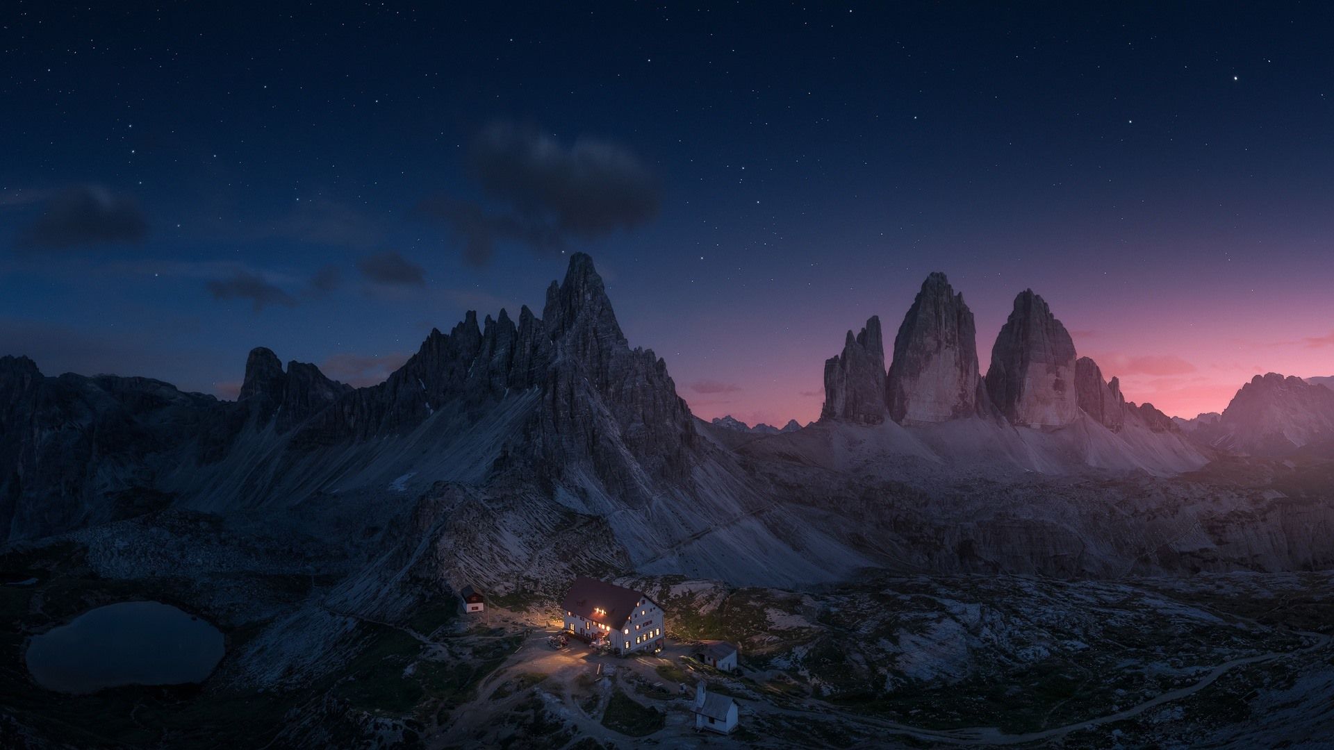 Drei Zinnen, Dolomiten, Nacht, Sternenhimmel, Berghütte, 1920x1080, Desktop-Hintergrund