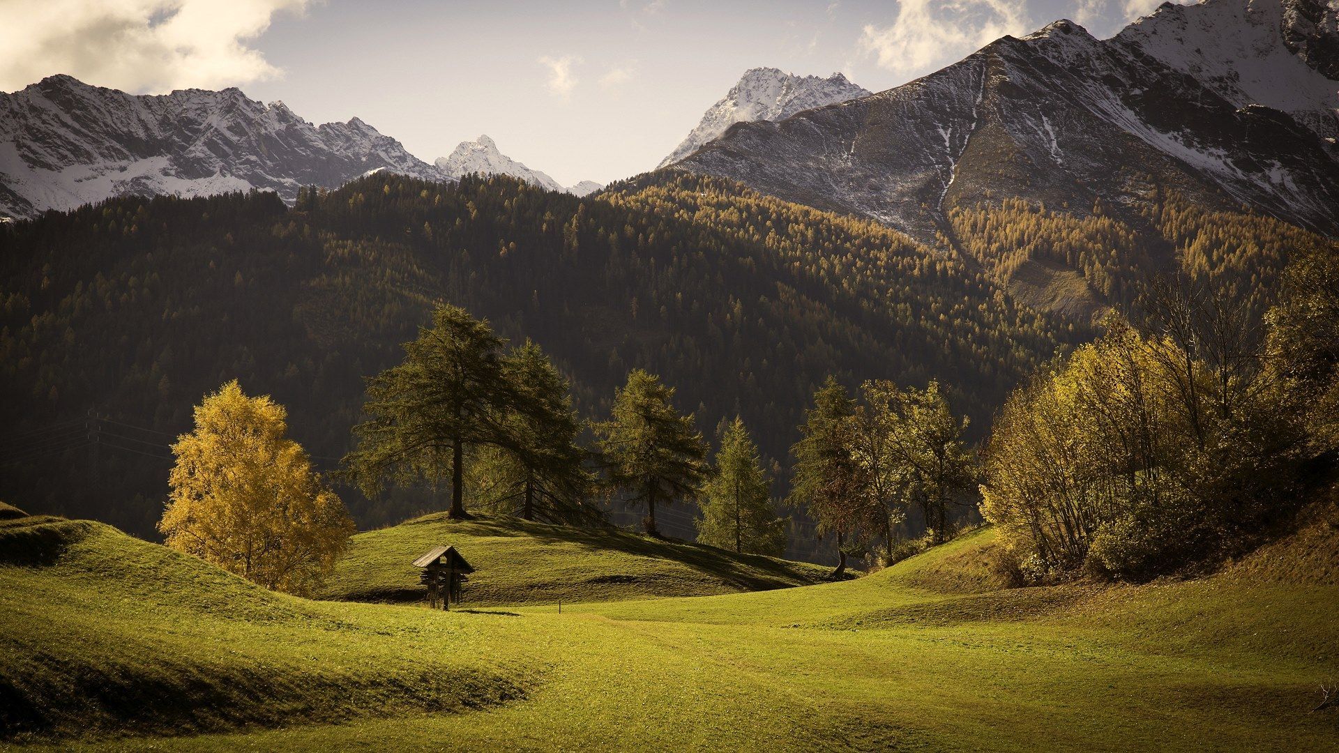 Bergtal, Lärchen, Herbst, Hütte, Wiese, Full HD 1080p, Desktop-Hintergrundbild