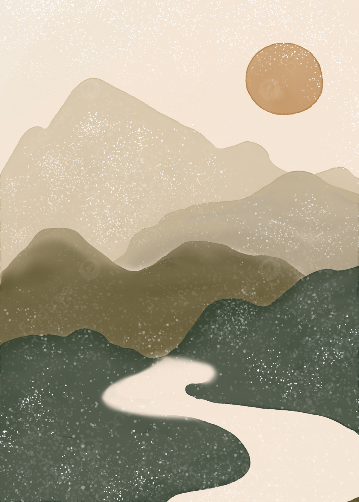 Illustration, Abstrakte Berge, Sonne, Erdtöne, Boho, Fluss, Full HD, Tablet-Hintergrund