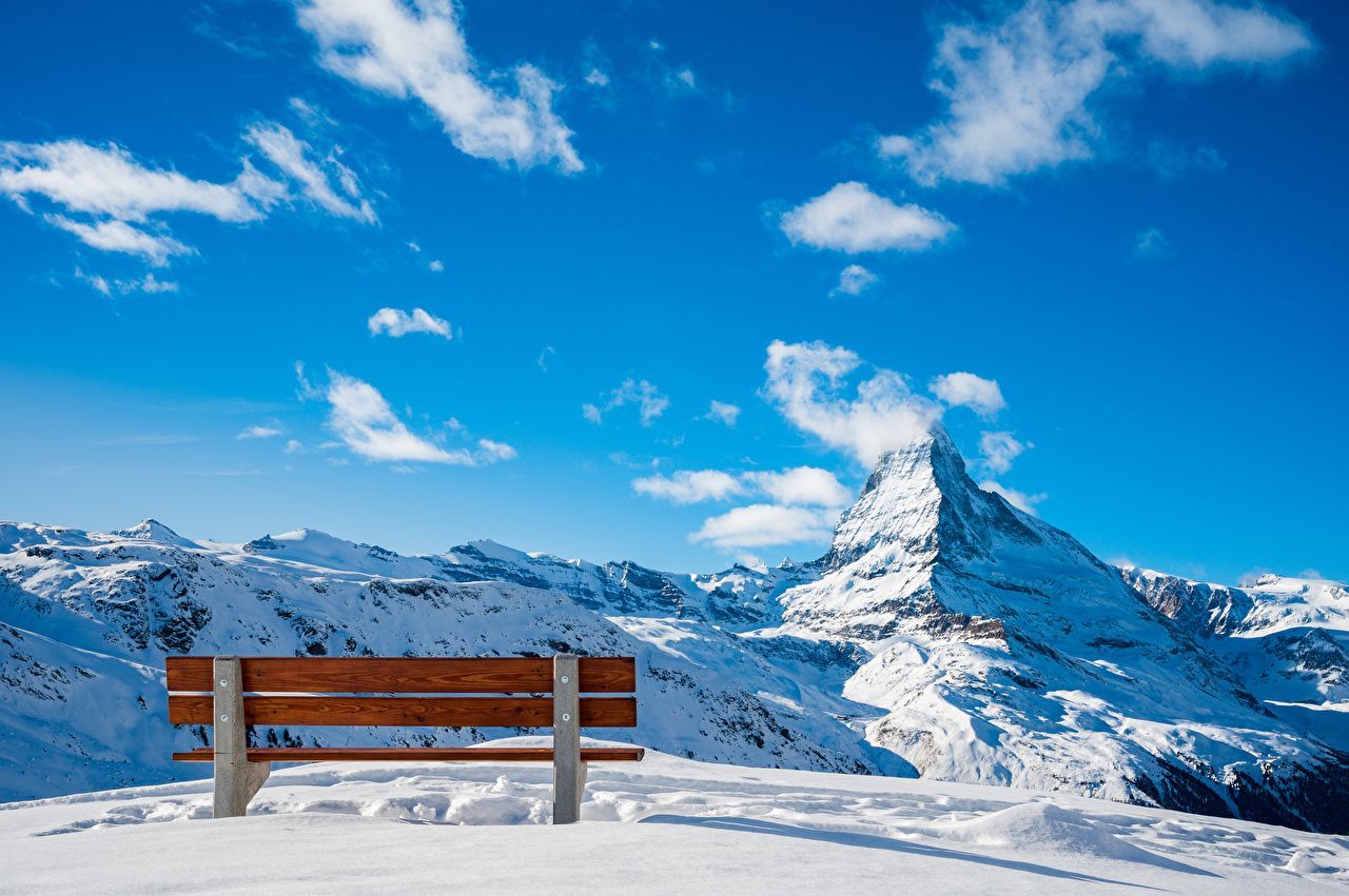 Matterhorn, Parkbank, Schnee, Blauer Himmel, Wolken, HD, Hintergrundbild für den PC