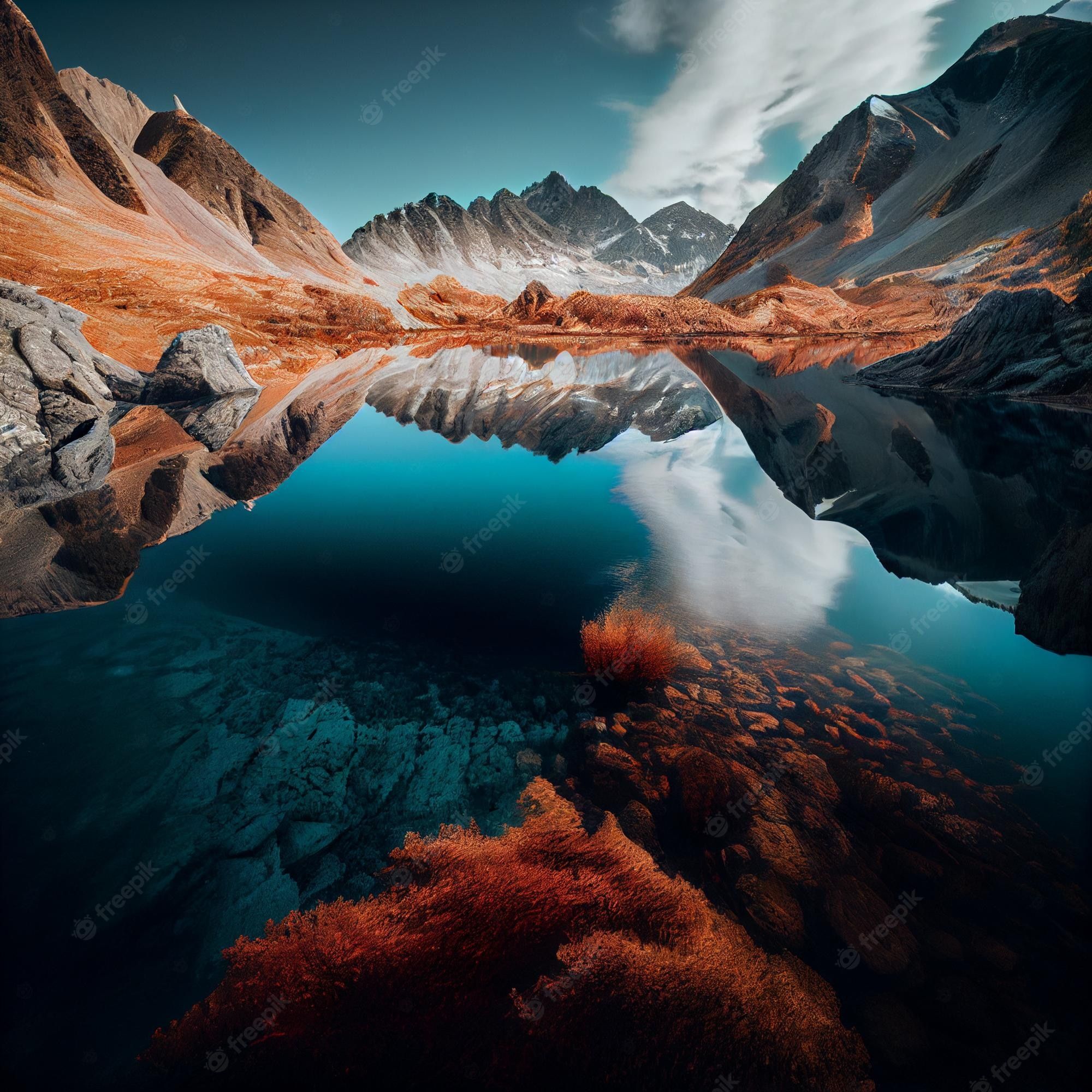 Bergsee, Spiegelung, Herbstpflanzen, Felsgipfel, Wolken, Full HD, iPad-Hintergrundbild