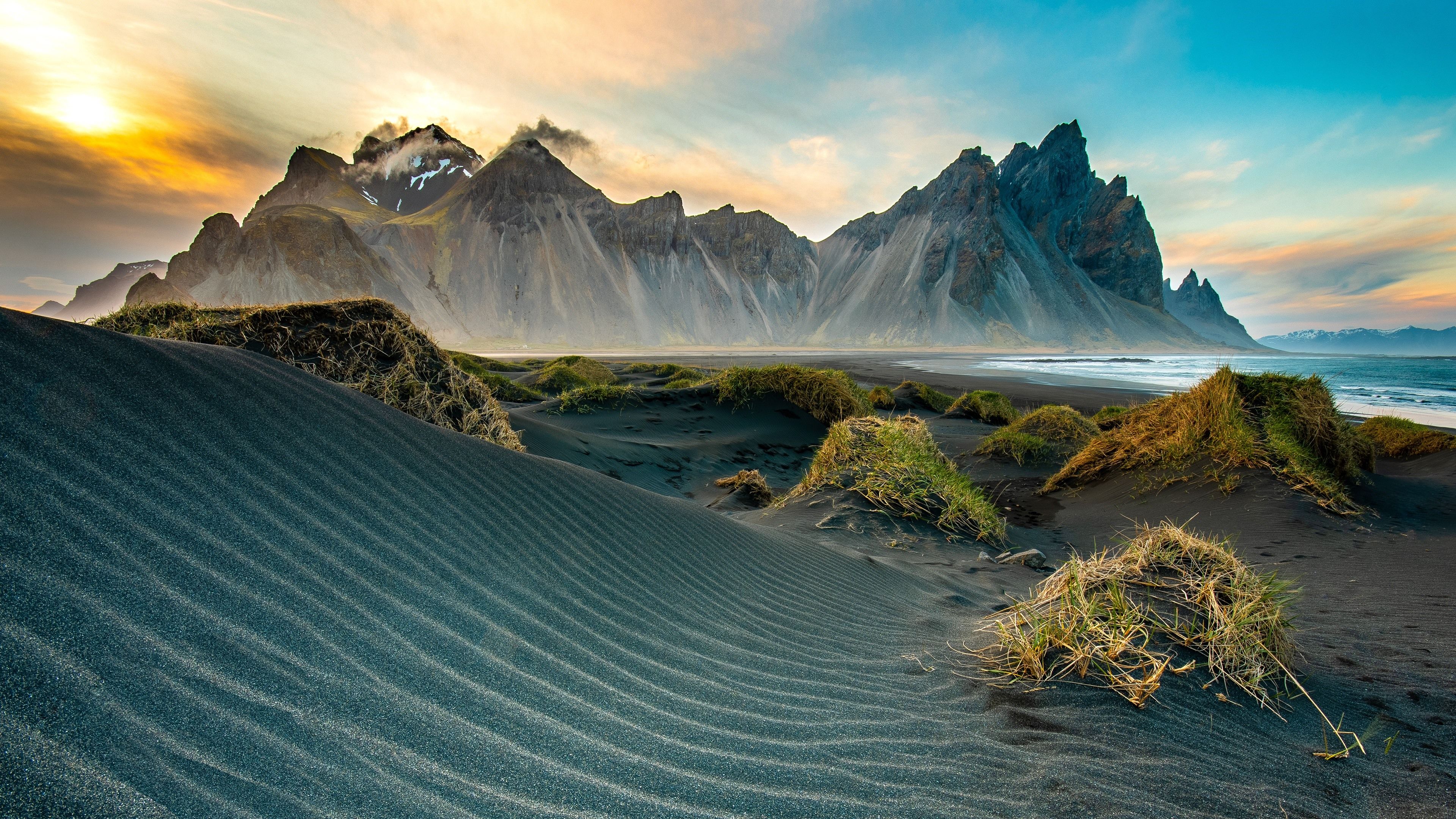 Vestrahorn, Island, Schwarzer Sand, Dünen, Sonnenuntergang, 3840x2160, PC-Hintergrundbild