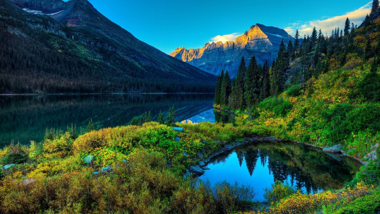Bergsee, Teich, Nadelwald, Felsgipfel, HDR, Sommer, 16:9, HD-Hintergrundbild für den Desktop