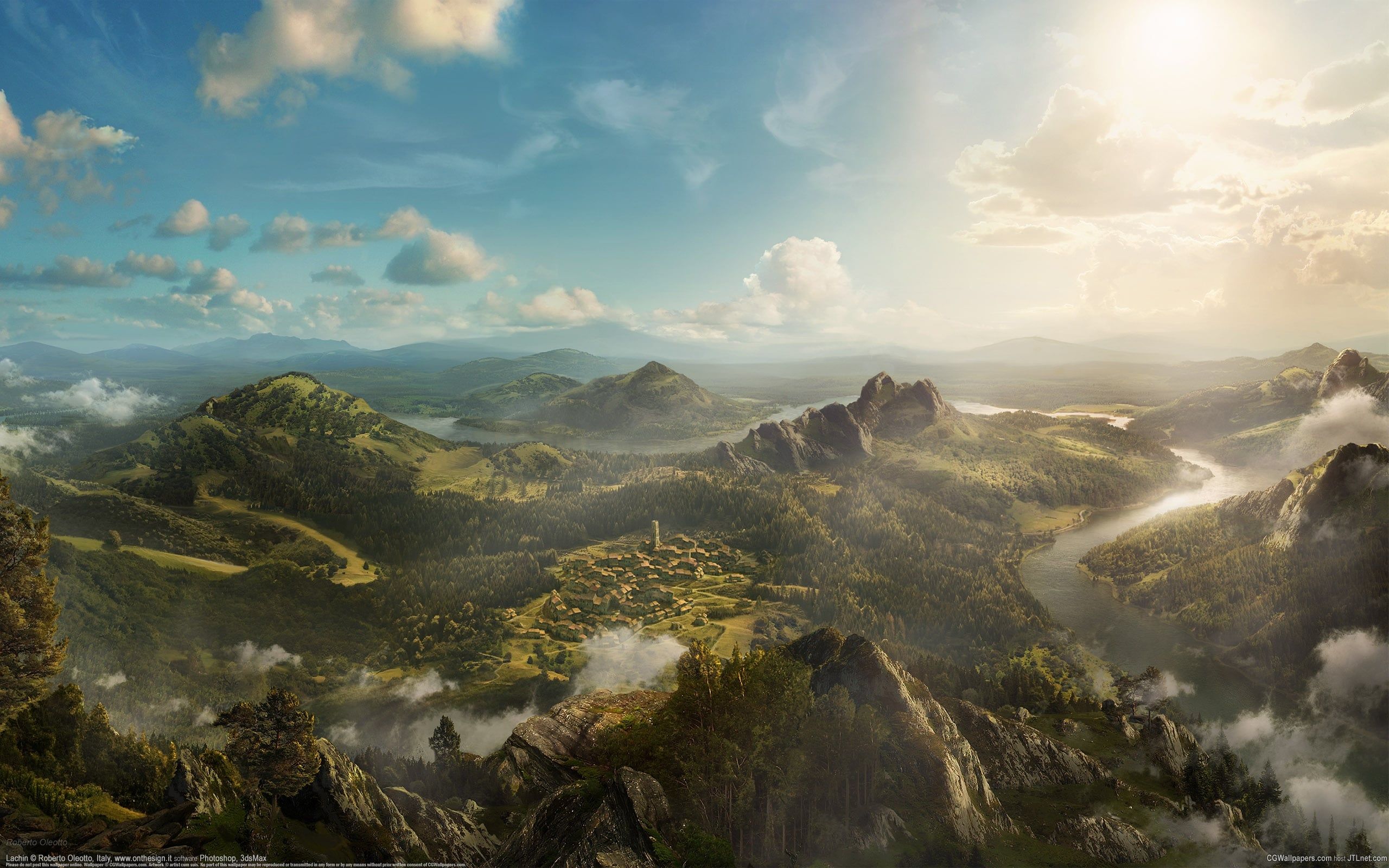 Fantasy-Landschaft, Tal, Fluss, Sonnenstrahlen, Digitale Kunst, Wolken, 2K, MacBook-Hintergrundbild