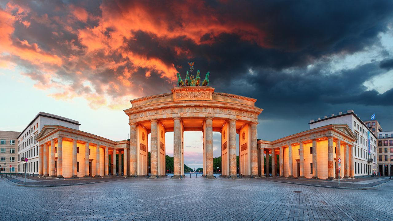 Brandenburger Tor, Quadriga, Berlin, Pariser Platz, Dramatischer Himmel, Sonnenuntergang, HD-Hintergrund