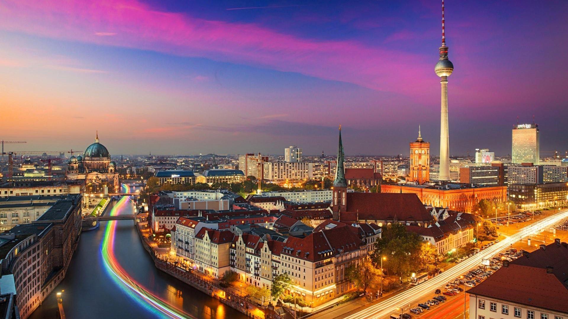 Berliner Fernsehturm, Berliner Dom, Spree, Berlin, Lichtspuren, Pinker Himmel, Skyline, 1080p Wallpaper
