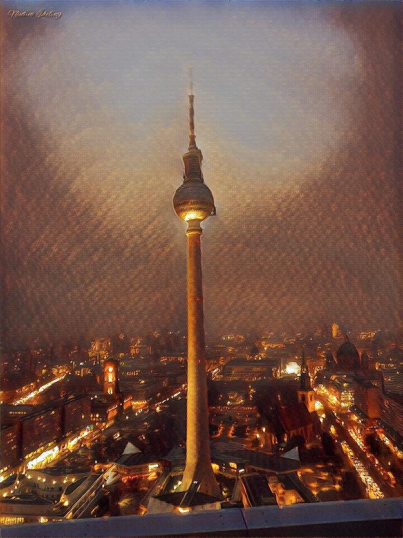 Berliner Fernsehturm, Berlin, Nacht, Stadtlichter, Vignette, HD, iPad-Hintergrundbild