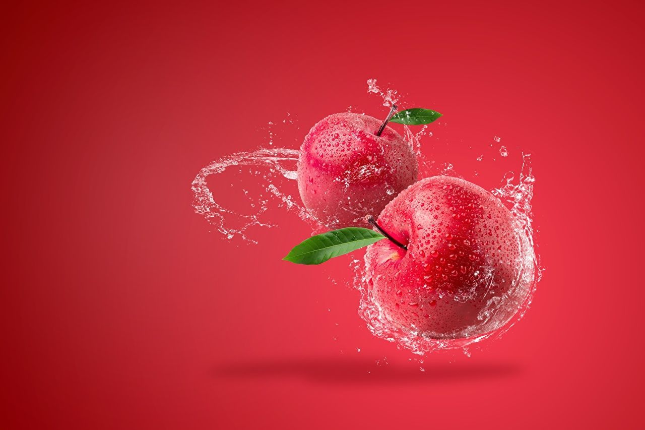 Äpfel, Wasserspritzer, Obst, Roter Hintergrund, HD Wallpaper