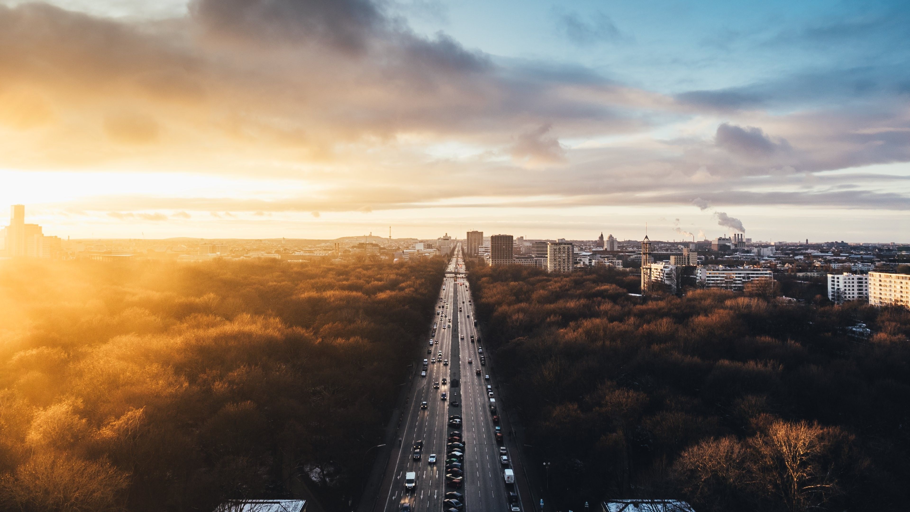 Tiergarten, Straße des 17. Juni, Berlin, Sonnenuntergang, Luftaufnahme, Herbst, 4K Wallpaper
