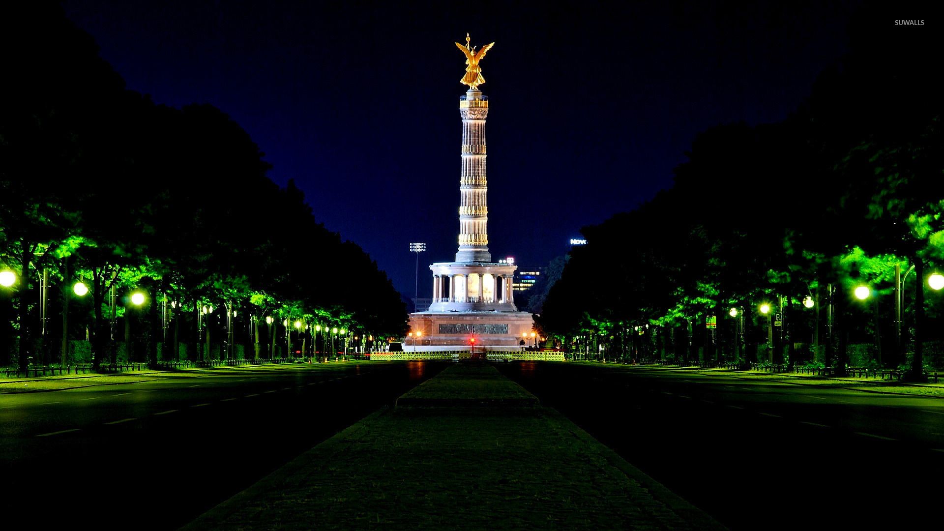 Siegessäule, Tiergarten, Berlin, Nacht, Beleuchtung, Allee, Full HD, Breitbild-Hintergrundbild