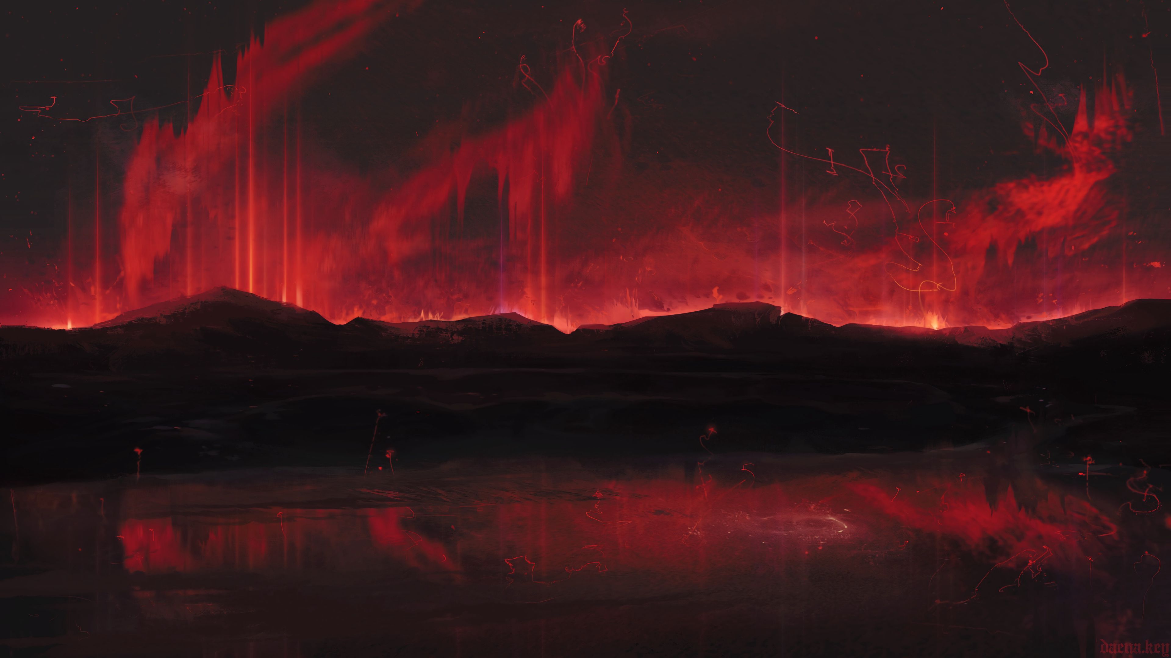 Nordlicht, Rotes Polarlicht, Berge, Spiegelung, Nacht, 4K, Desktop-Hintergrund für Windows