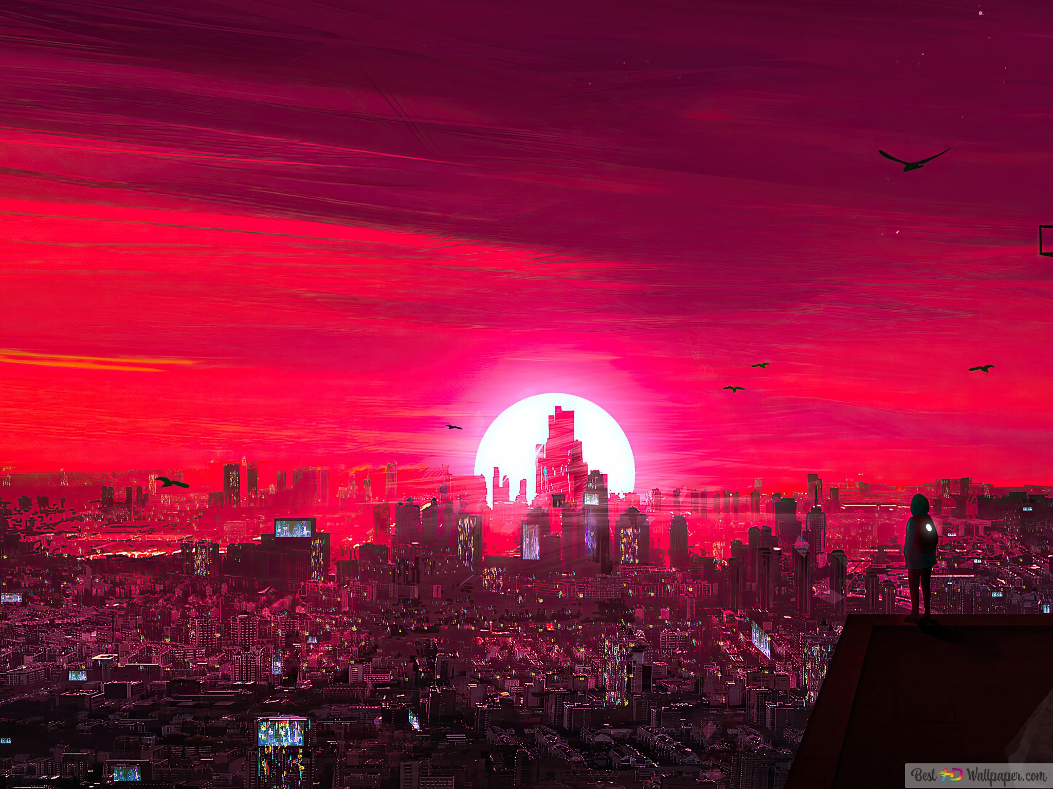 Stadtsilhouette, Sonnenuntergang, Großstadt, Digitale Kunst, Roter Himmel, Hintergrundbild fürs iPad