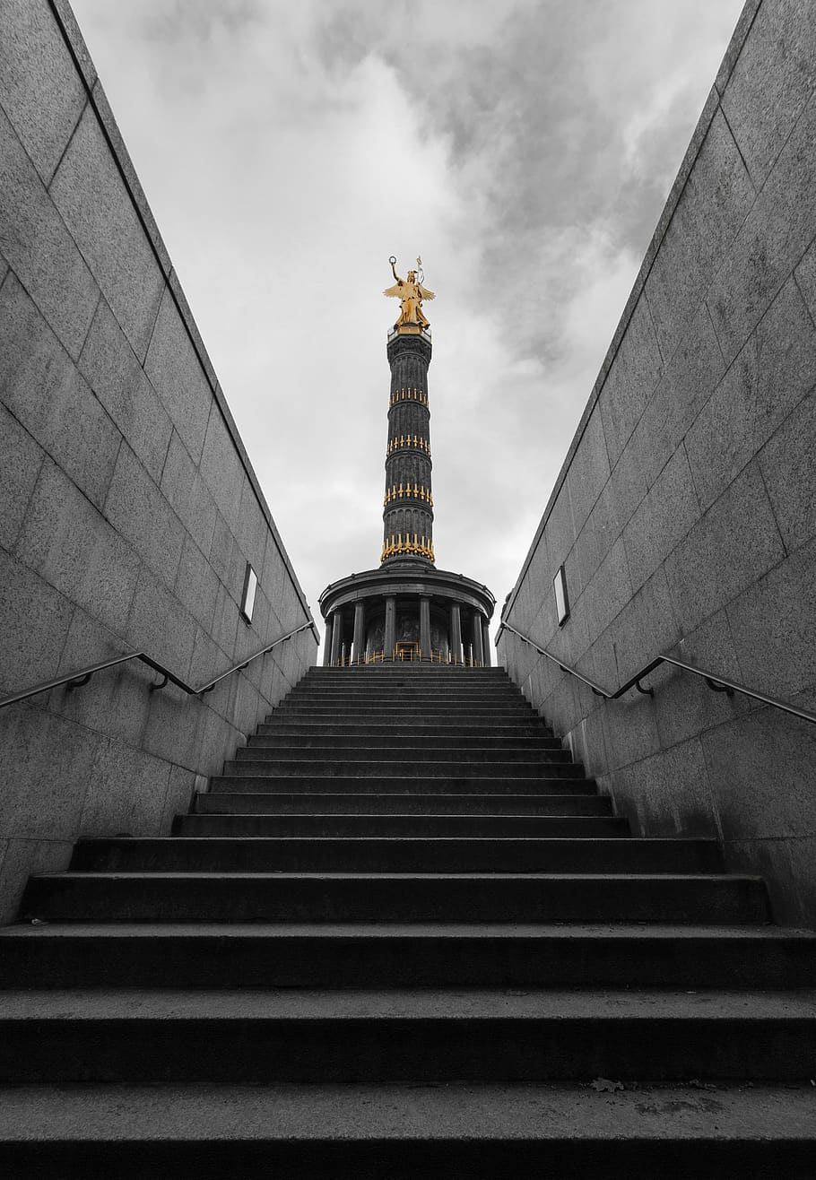 Siegessäule, Berlin, Treppe, Schwarzweiß, Symmetrie, HD, Hintergrundbild fürs Tablet