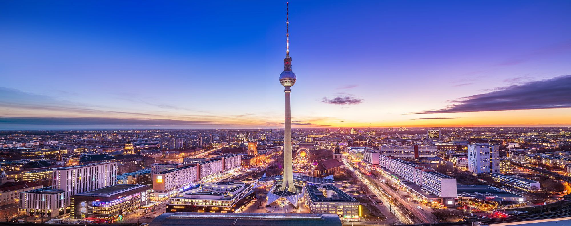Berliner Fernsehturm, Berlin, Panorama, Dämmerung, Stadtlichter, Full HD, Laptop-Hintergrundbild