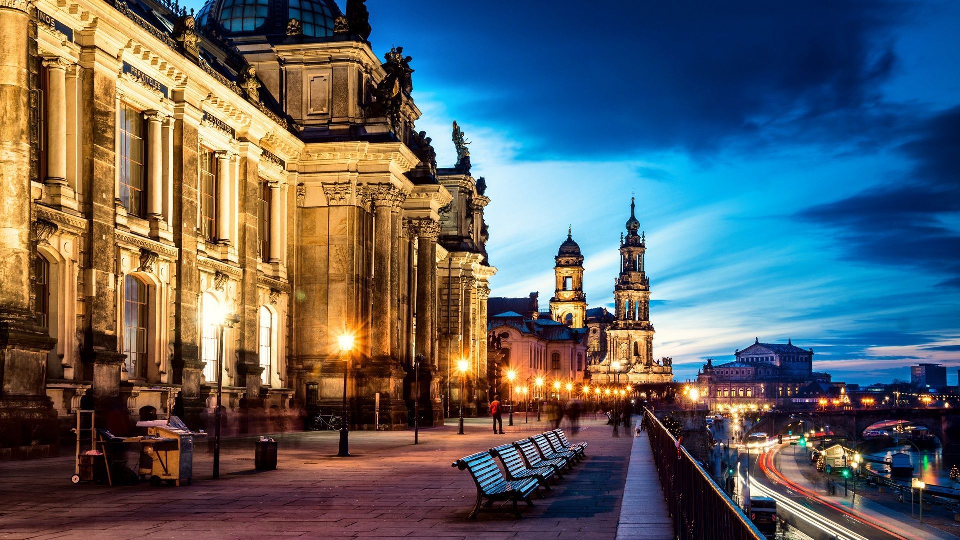 Brühlsche Terrasse, Hofkirche, Dresden, Abenddämmerung, Promenade, Beleuchtung, 1080p Wallpaper