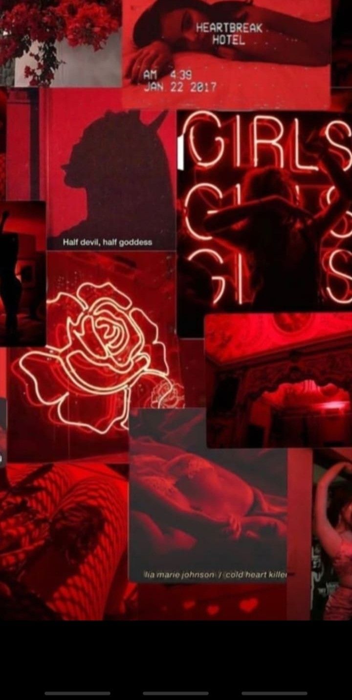 Collage, Rote Ästhetik, Neonschrift, Rose, HD, Hintergrundbild fürs Handy