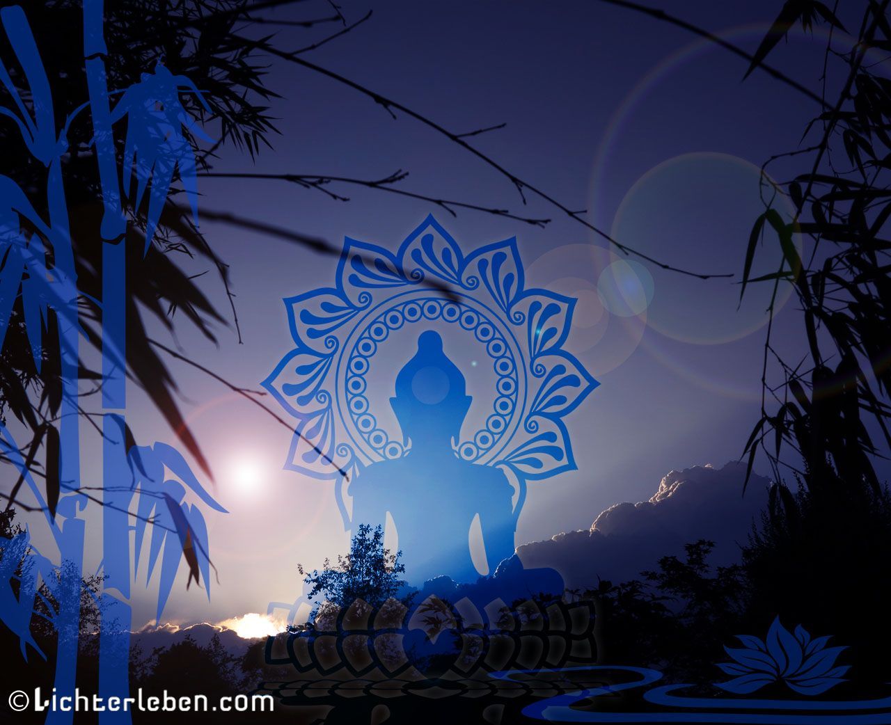 Buddha, Mandala, Bambus, Mondlicht, Blau, HD, Hintergrundbild für den PC