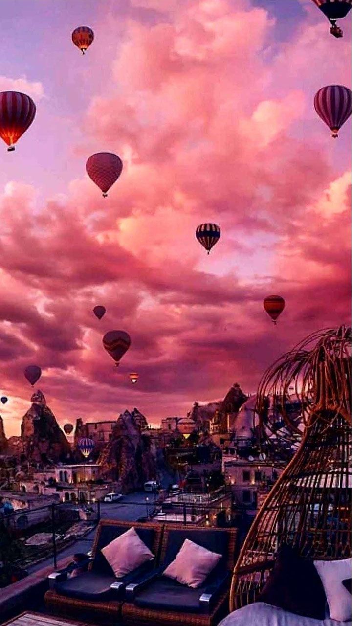 Heißluftballons, Rosa Wolken, Dachterrasse, Fantasy, HD, Sperrbildschirm fürs iPhone