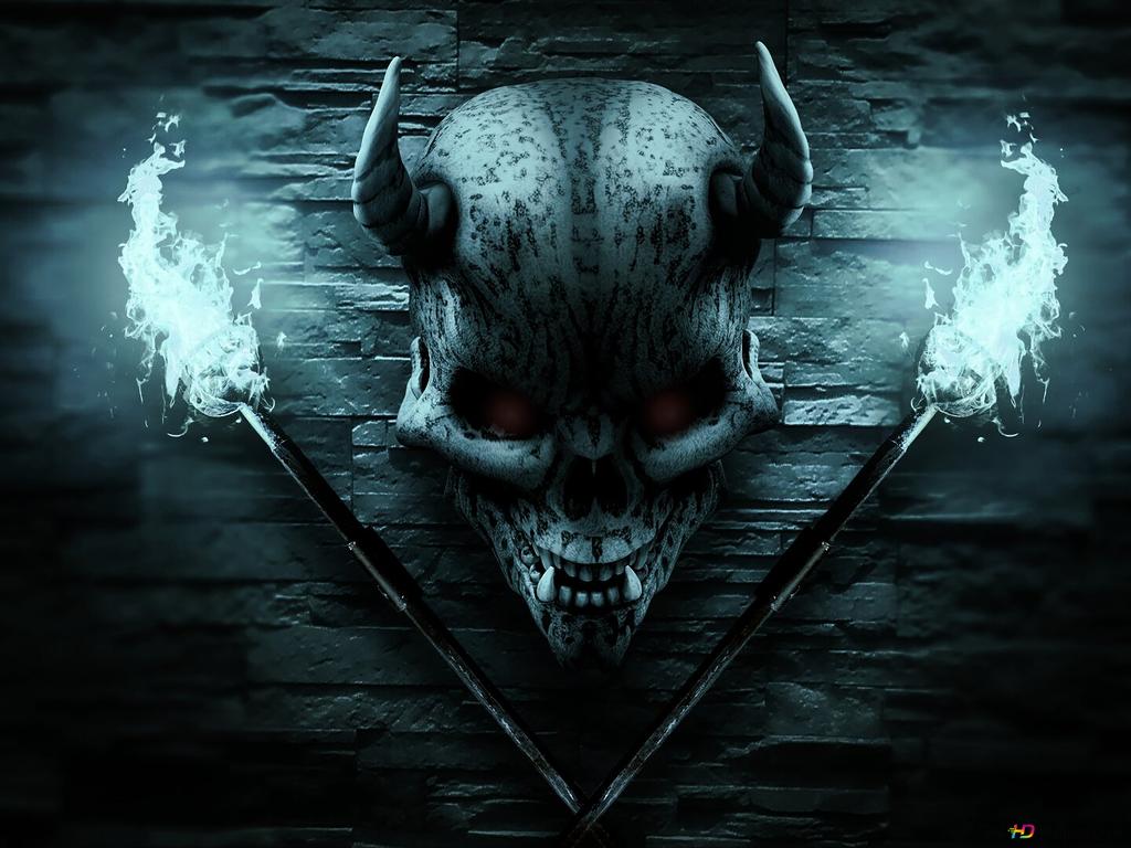 Totenkopf, Hörner, Fackeln, Dunkel, Hintergrundbild für iPad und Tablet
