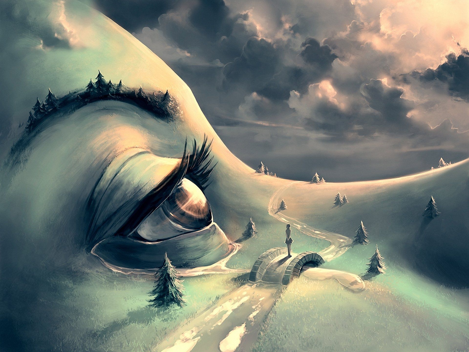 Surrealismus, Riesiges Auge, Landschaft, Digitale Kunst, Hintergrundbild fürs Tablet