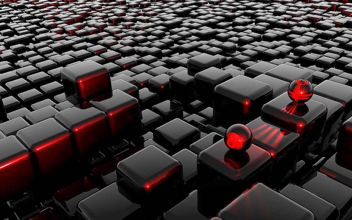 3D-Würfel, Glaskugeln, Schwarz-Rot, 3D-Kunst, Hintergrund