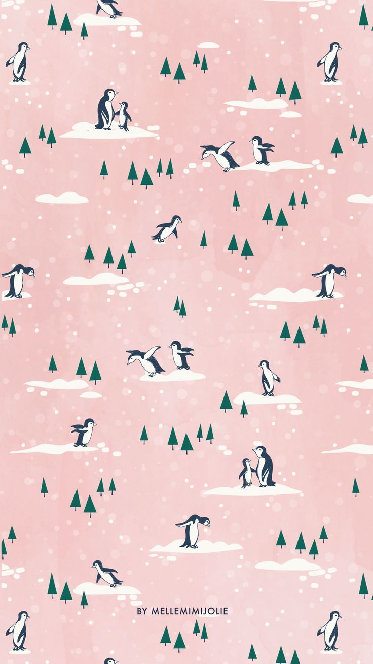 Pinguine, Muster, Tannenbäume, Rosa, Hintergrundbild für iPhone und Android