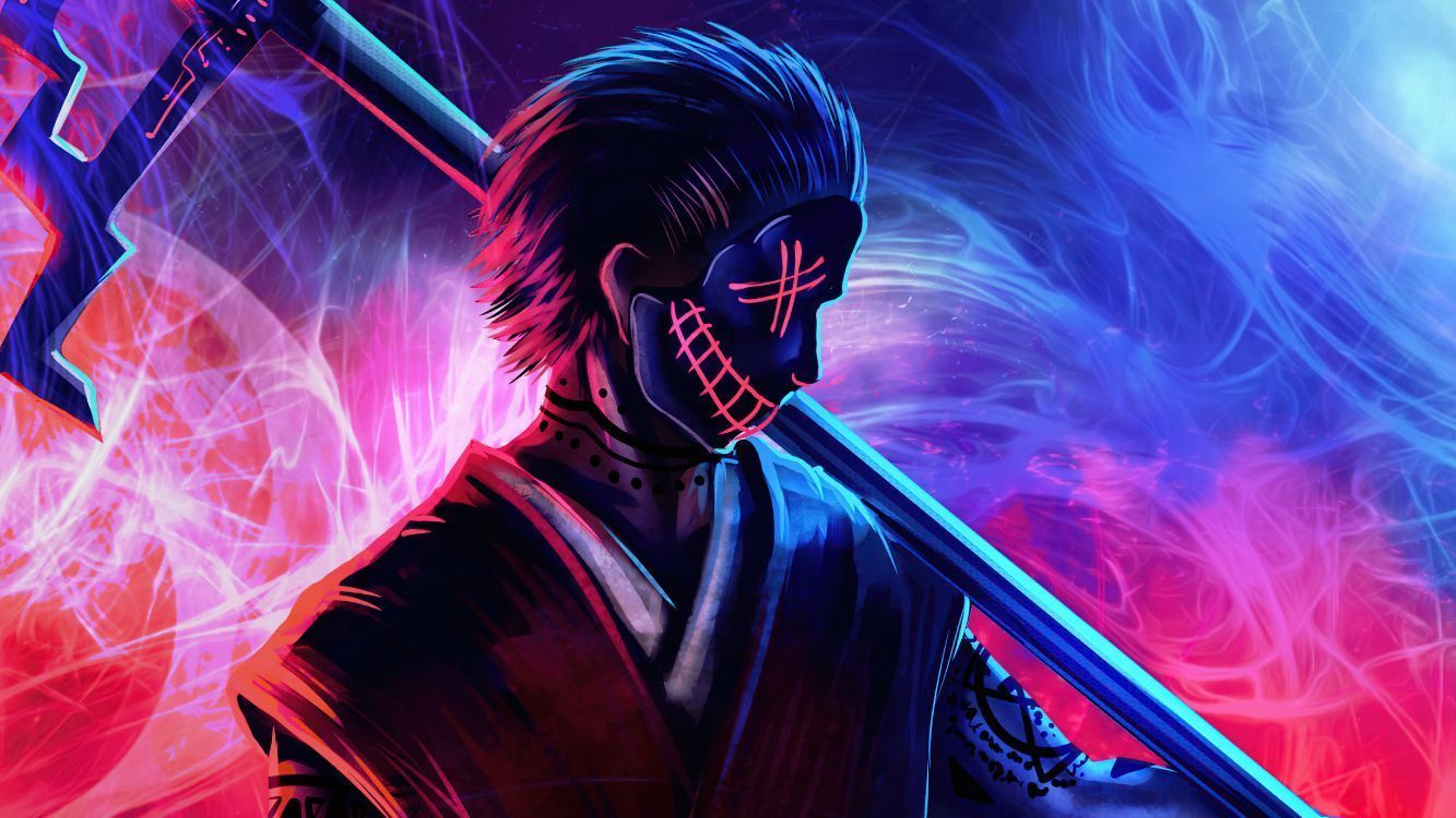 Samurai, Neon-Maske, Schwert, Digitale Kunst, HD, Hintergrundbild für den PC