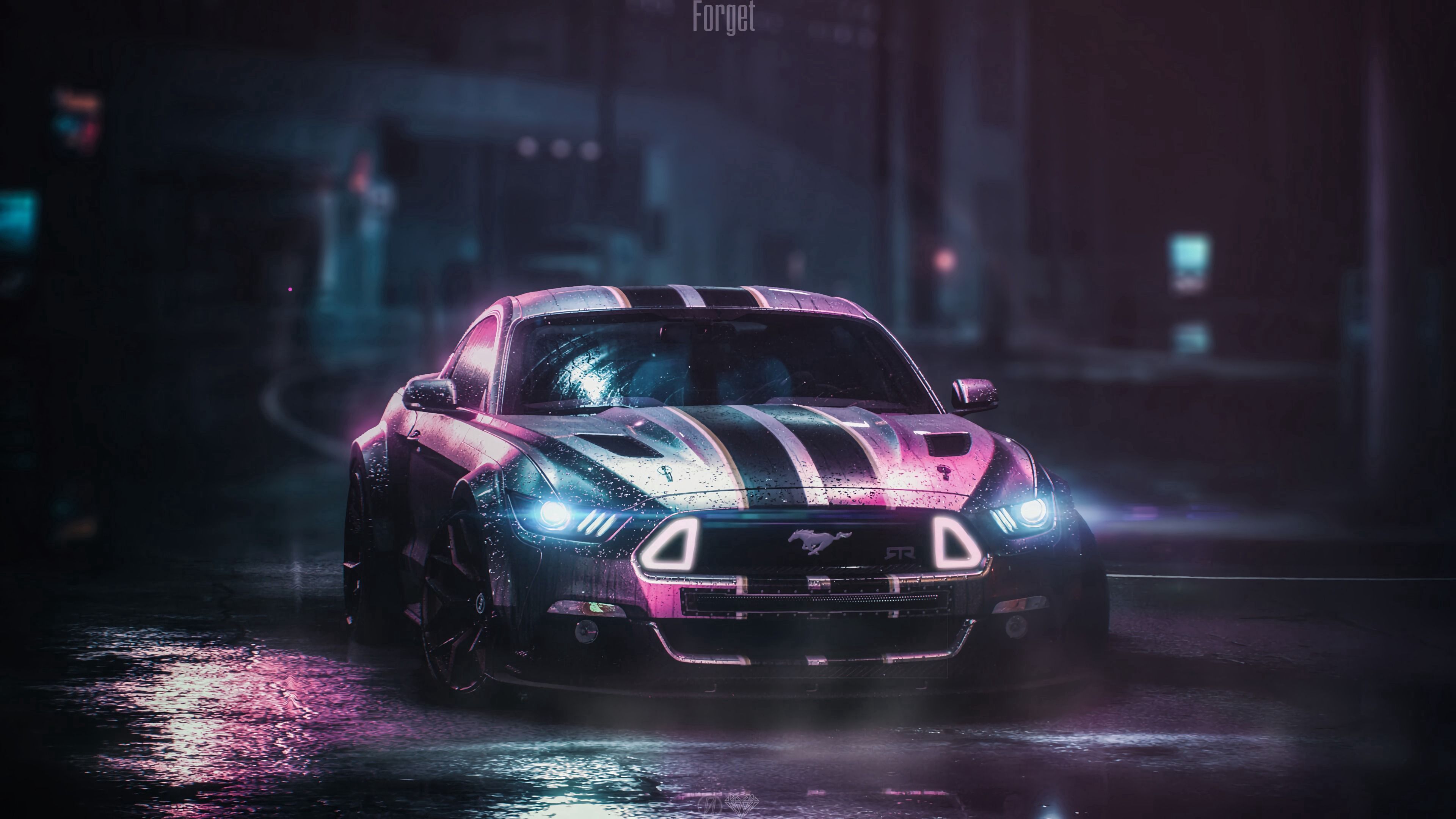 Ford Mustang, Muscle-Car, Neonlicht, Nacht, 3840x2160, 4K-Hintergrundbild für PC