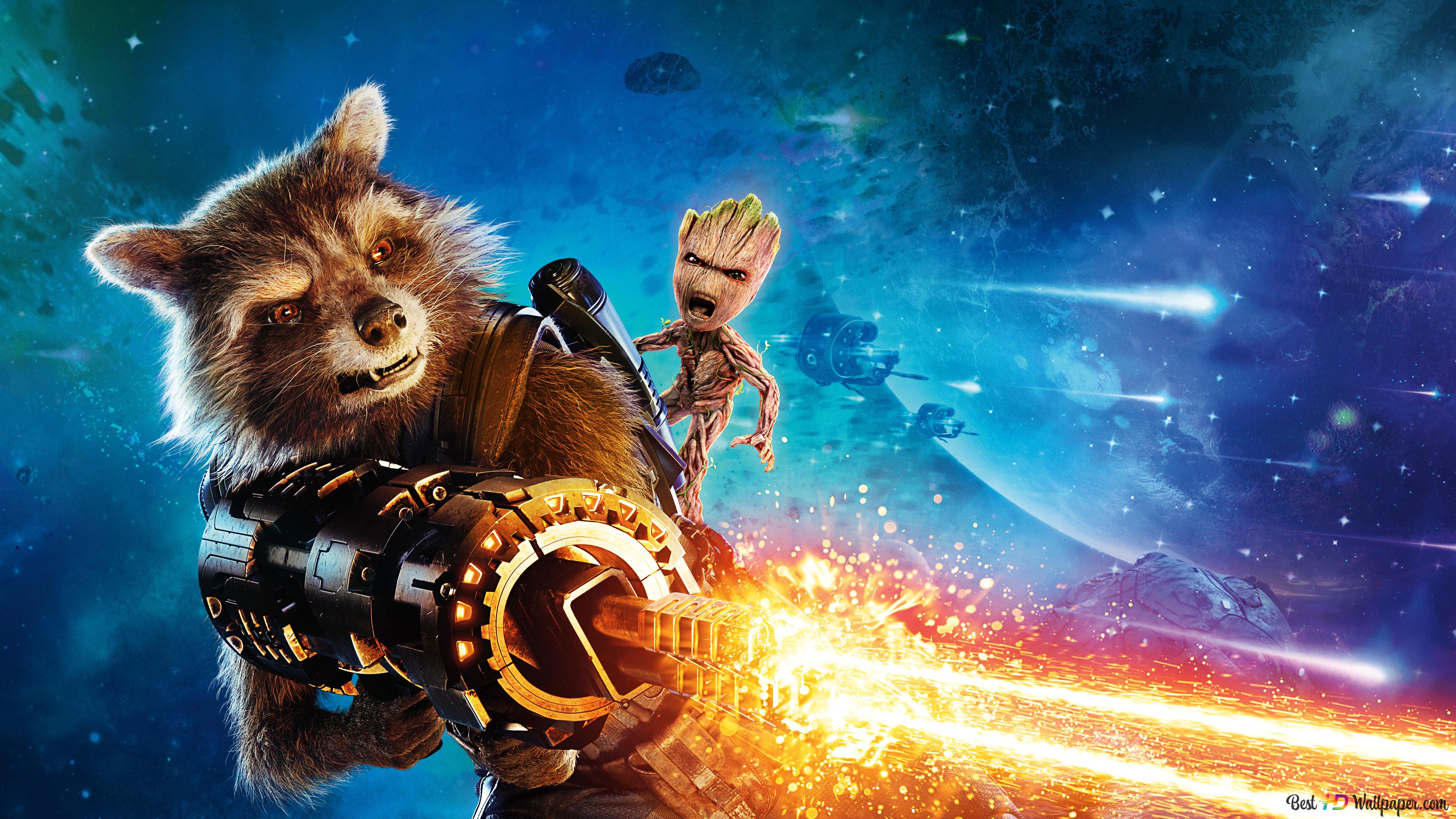 Rocket Raccoon, Groot, Guardians of the Galaxy, Marvel, Weltall, 2K, Breitbild-Hintergrundbild