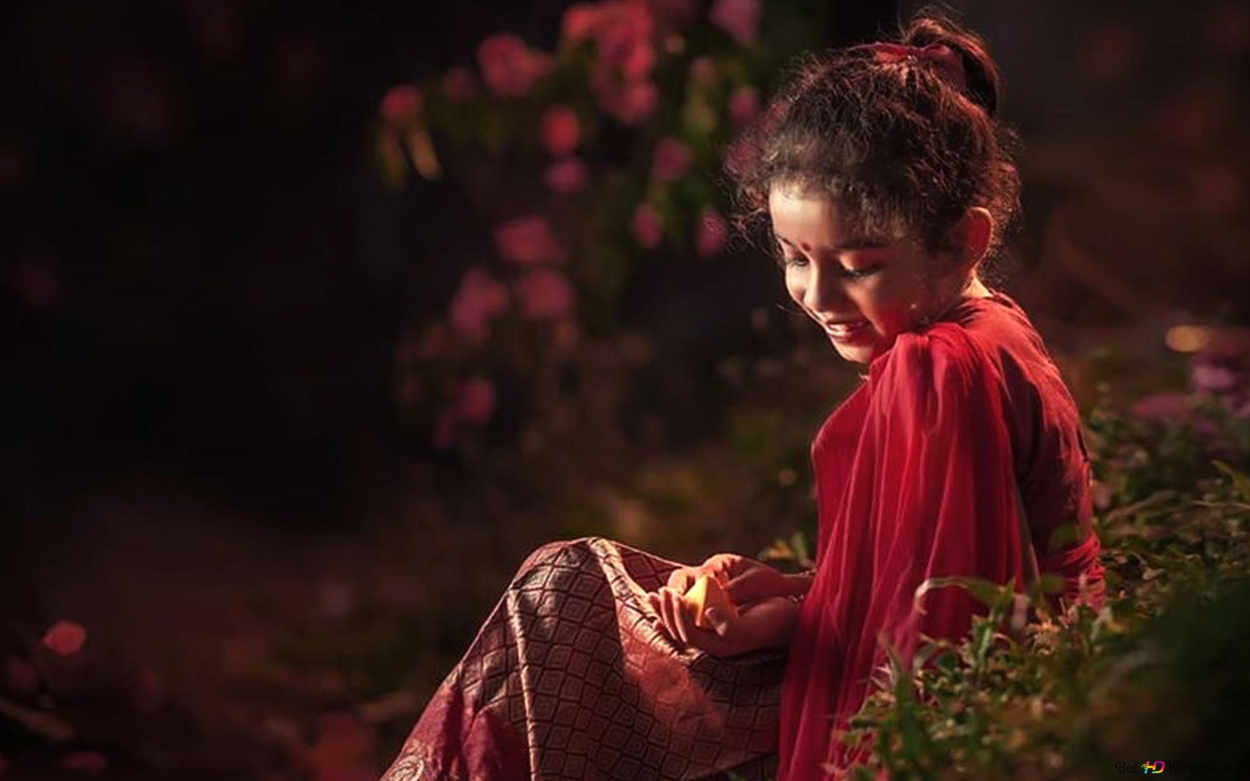 Mädchen, Rotes Kleid, Blumen, Porträt, 2K, Hintergrundbild für den PC