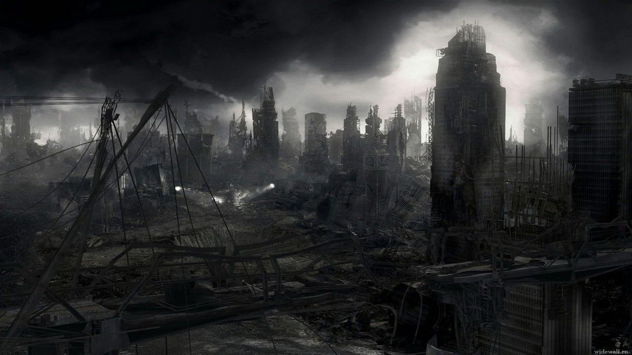Ruinenstadt, Postapokalypse, Zerstörung, Schwarzweiß, Düster, HD, Breitbild-Hintergrundbild