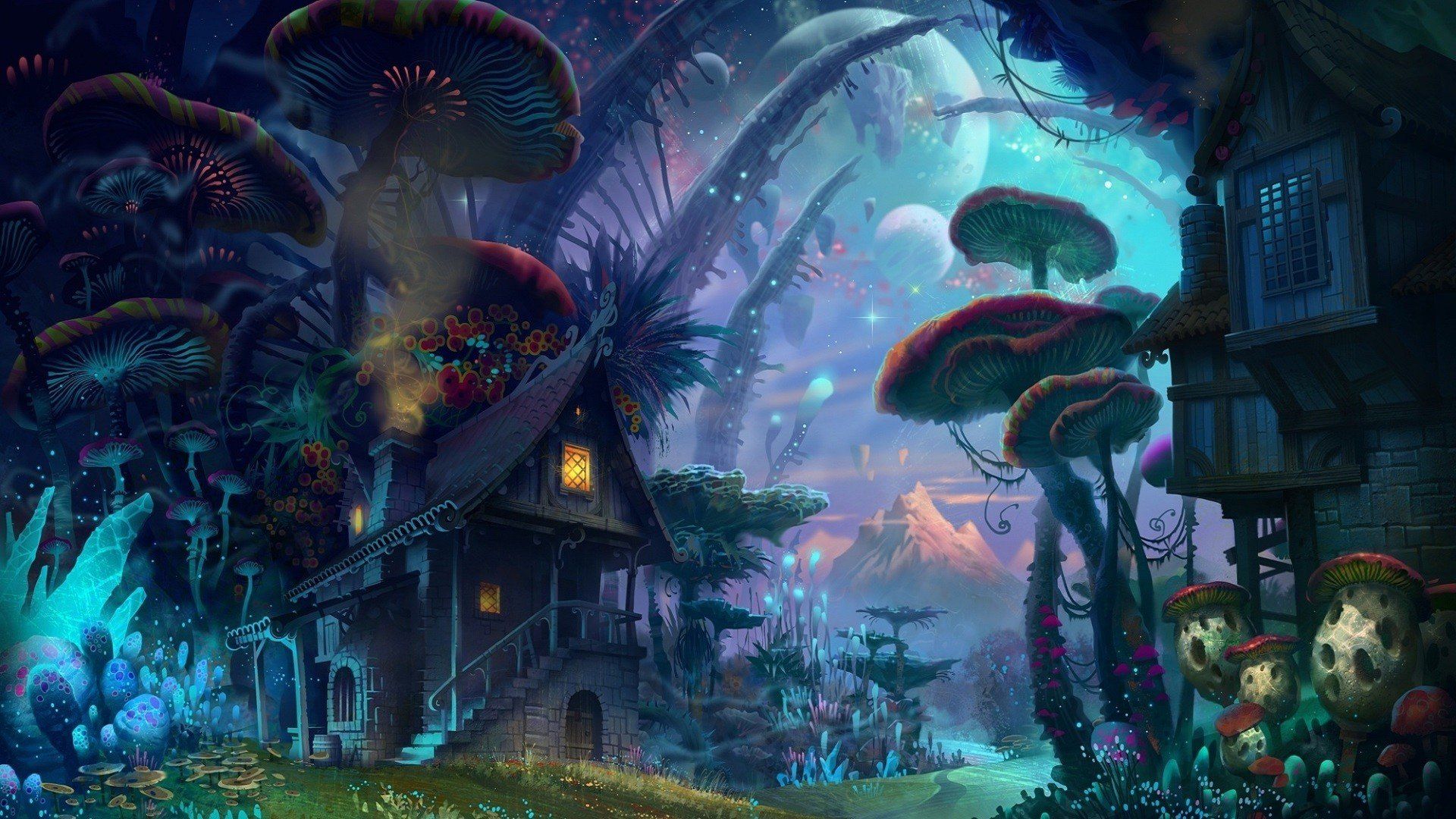 Pilzwald, Fantasy-Landschaft, Baumhaus, Bunt, 1920x1080, Full-HD-Hintergrundbild für PC