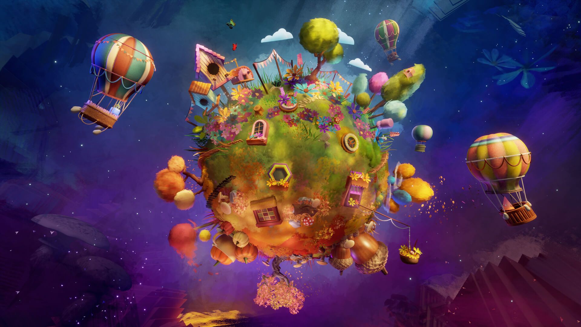 Kleiner Planet, Heißluftballons, Fantasy, Weltall, 16:9, Full-HD-Hintergrundbild für den Desktop