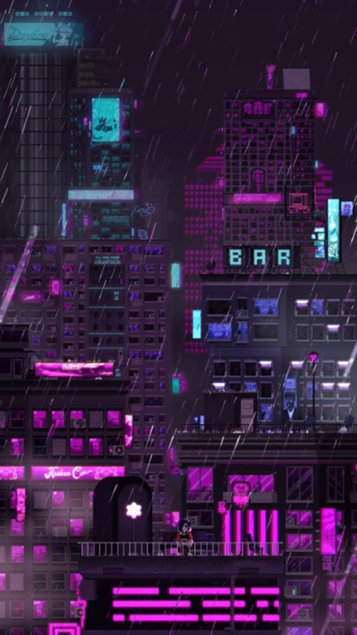 Cyberpunk, Pixel-Art, Hochhaus, Neon, Hochformat, Hintergrundbild fürs Smartphone