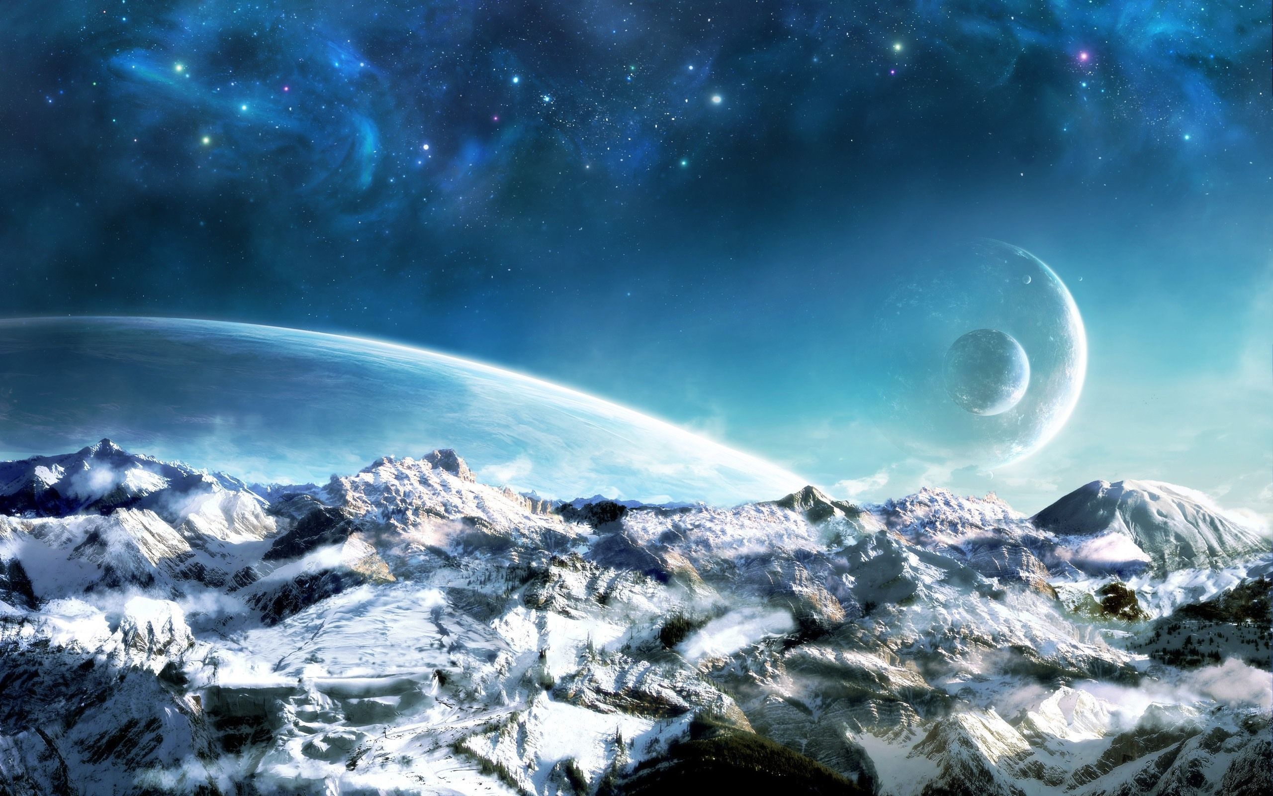 Monde, Schneegebirge, Science-Fiction, Sternenhimmel, 16:10, 2K-Hintergrundbild für den Desktop