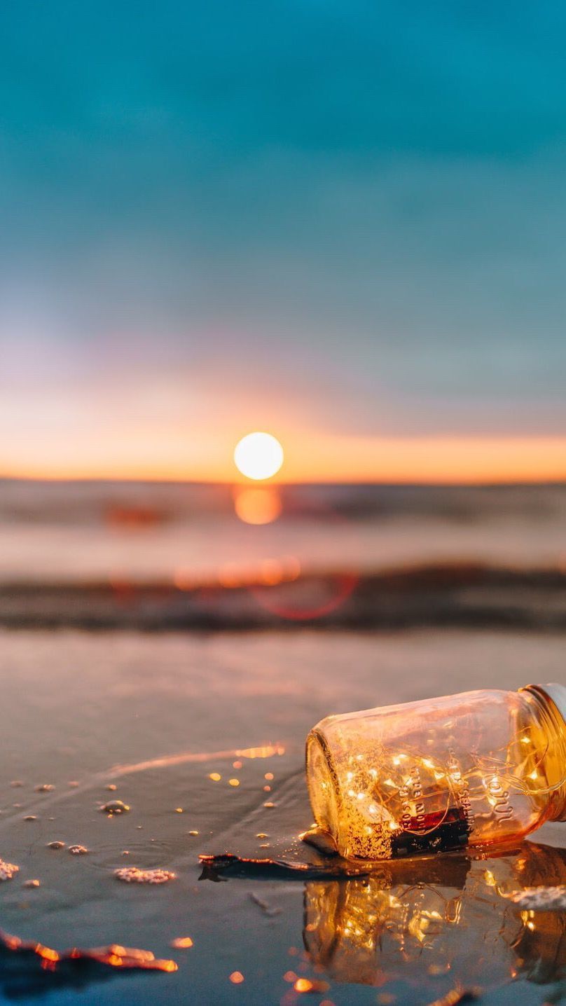 Sonnenuntergang, Meer, Strand, Glas, Horizont, Goldenes Licht, Hintergrundbild fürs Handy