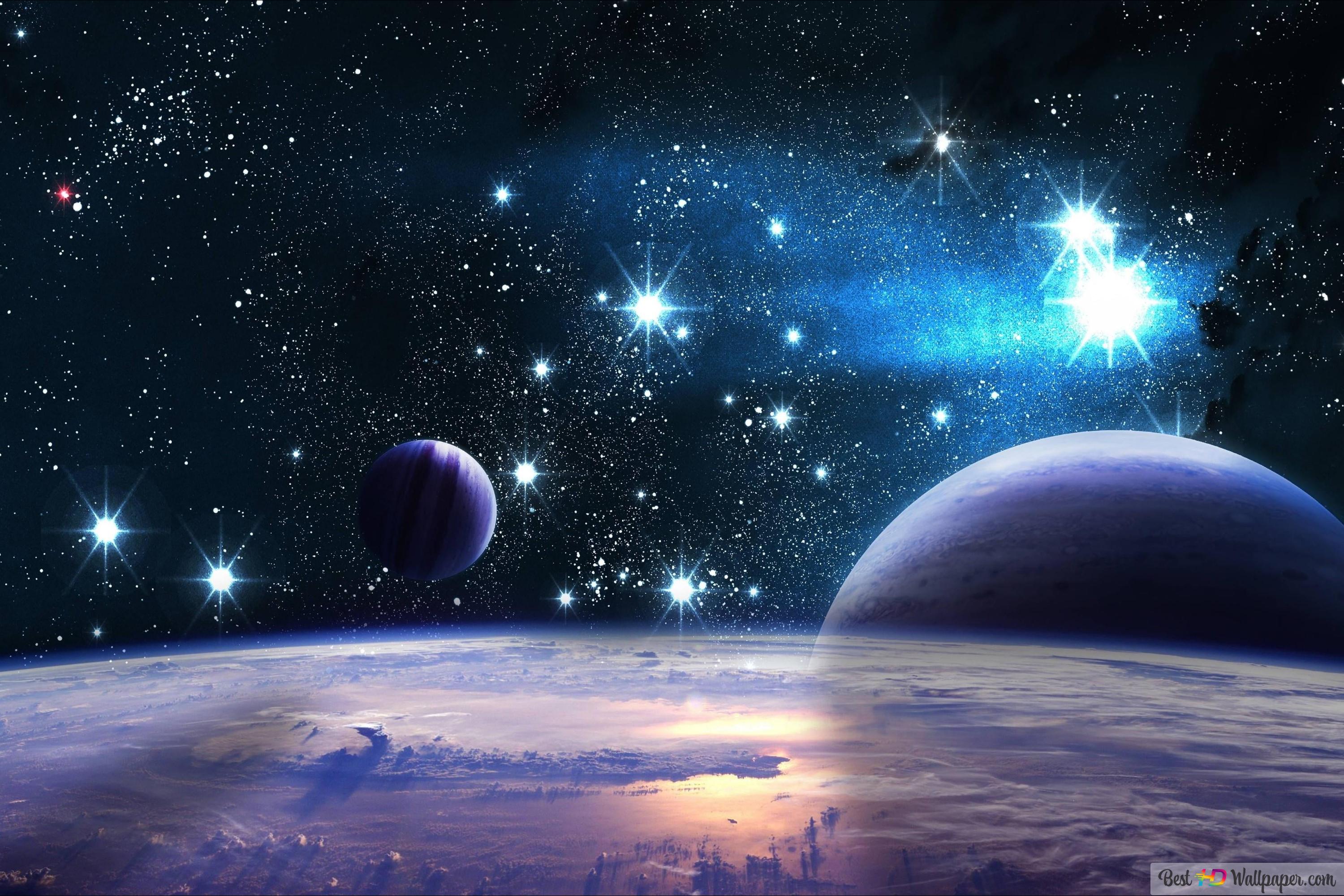 Planeten, Sterne, Science-Fiction, Blau, 2K, Hintergrundbild für den PC