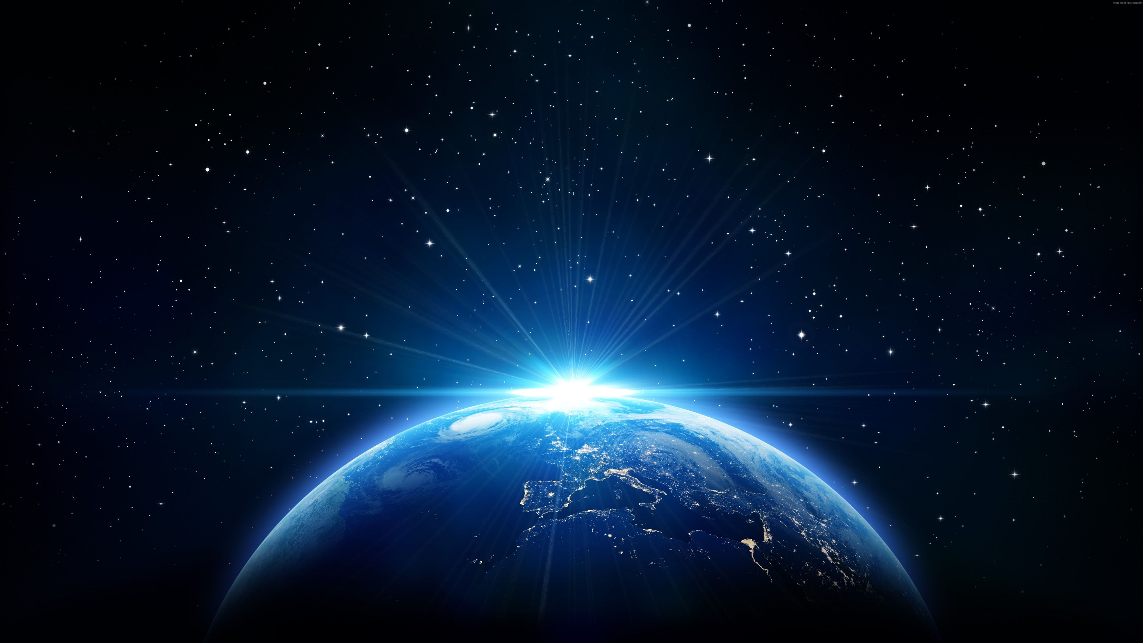 Erde, Sonnenaufgang im All, Weltraum, Sterne, Blau, 4K 2160p, Desktop-Hintergrundbild