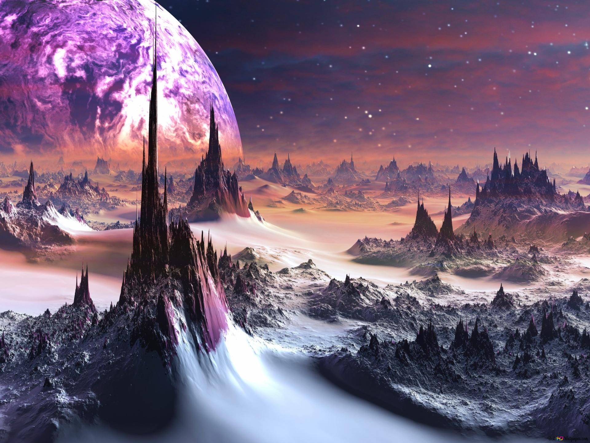 Fremde Welt, Felsnadeln, Planet, Lila Himmel, Fantasy, Full HD, Hintergrundbild fürs Tablet