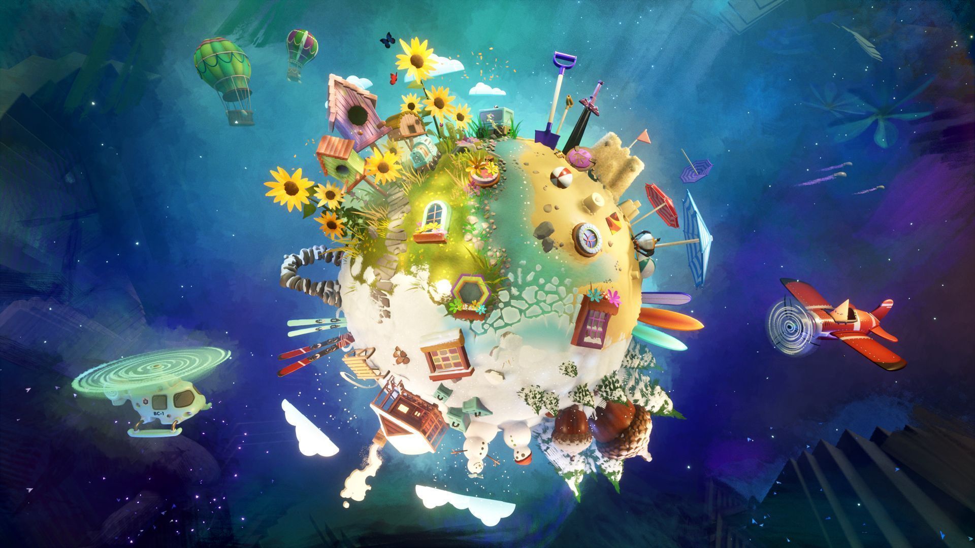 Fantasy-Welt, Kleiner Planet, Sonnenblumen, Luftschiffe, Bunt, 1920x1080, PC-Hintergrundbild