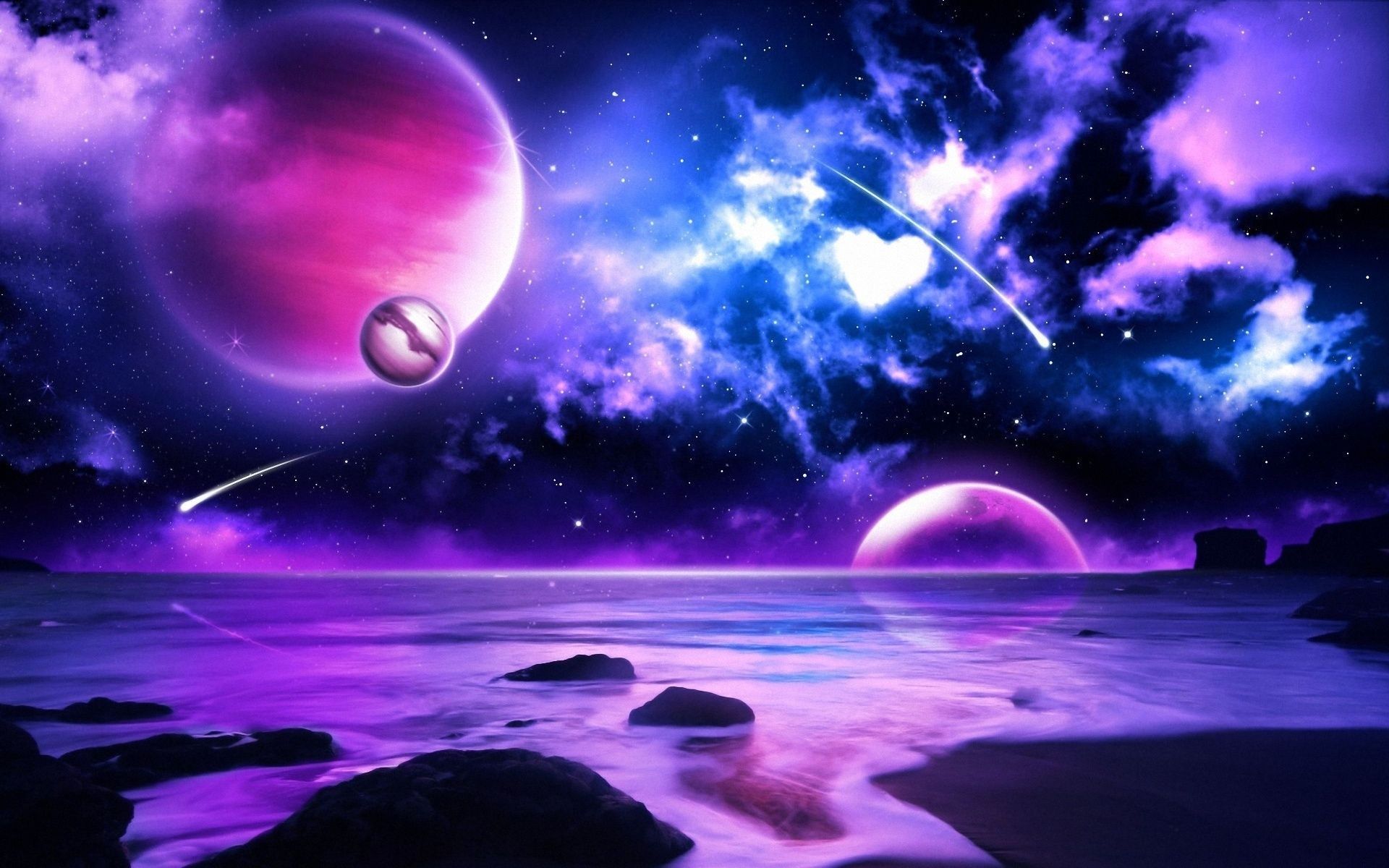 Planeten, Lila, Strand, Fantasy, 16:10, Full-HD-Hintergrundbild für den Desktop