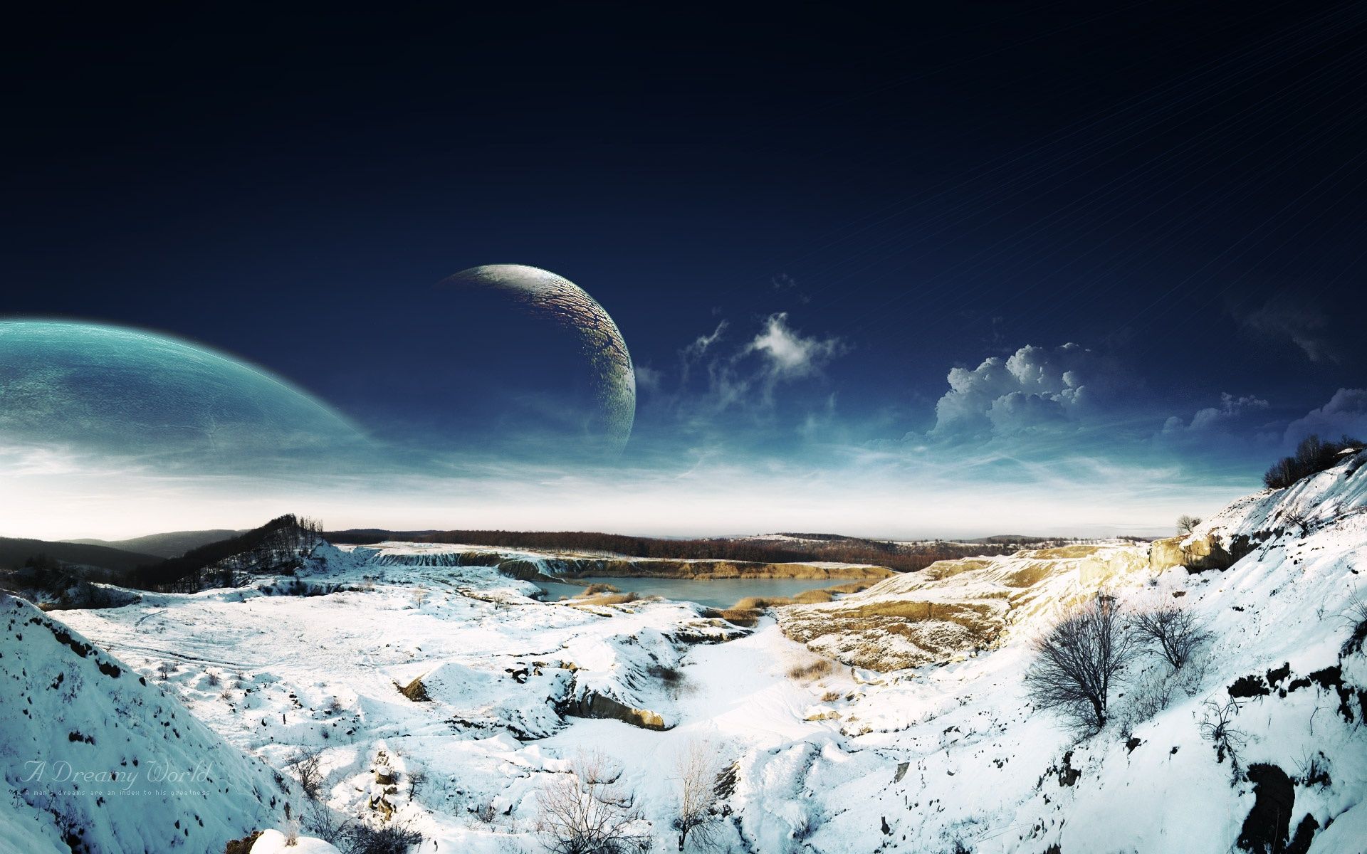 Monde, Schneelandschaft, Science-Fiction, 16:10, Full-HD-Hintergrundbild für den Desktop